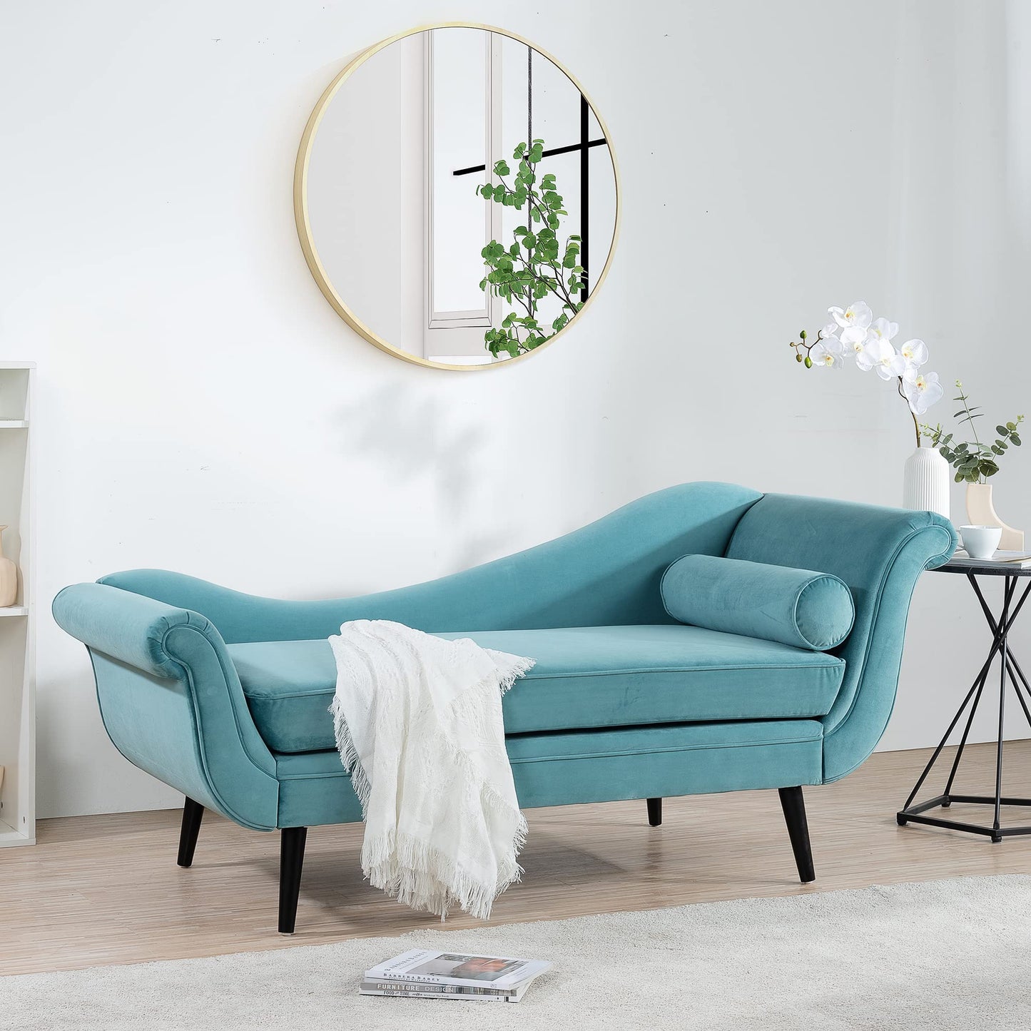 HomSof Modern ArmLess Chaise Lounge Indoor Black Upholstered Reclining Chair with Rolled Accent Pillow and Solid Wood Legs
