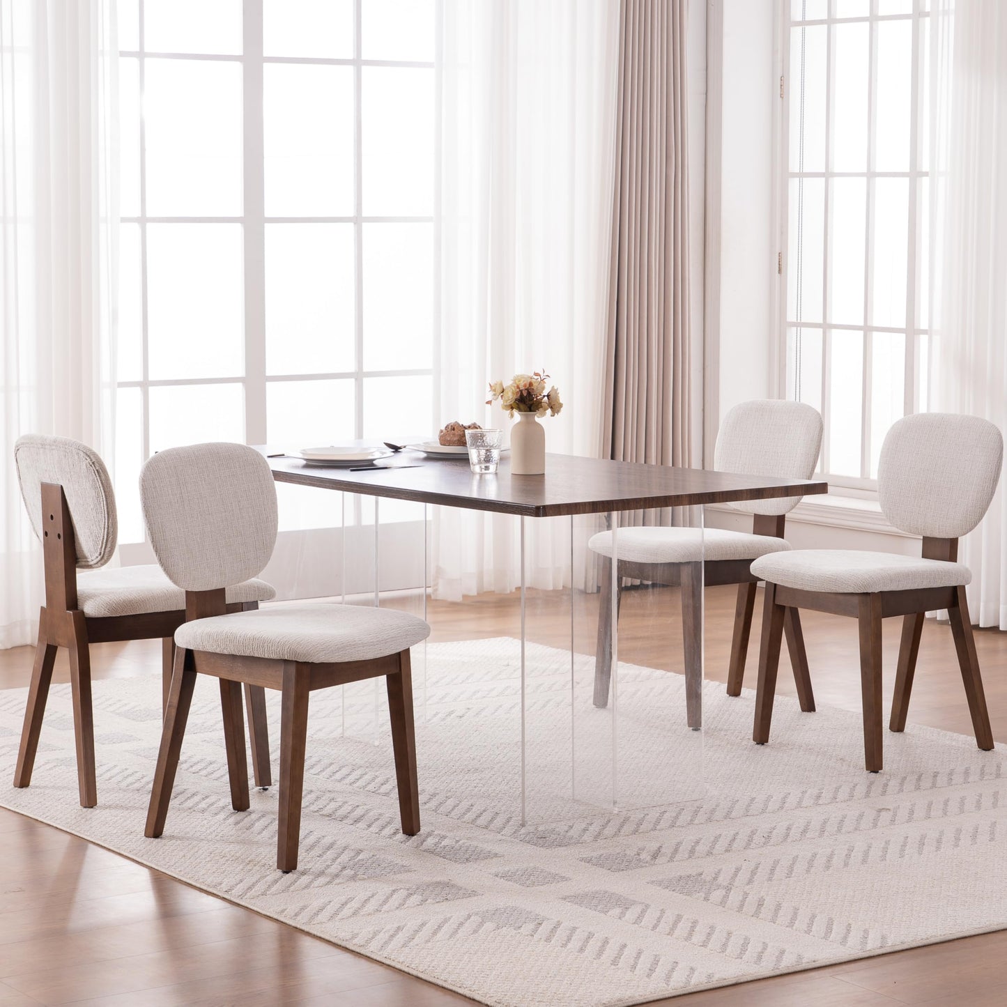 VKNOW Wooden Dining Chairs Set of 4, Mid Century Modern Upholstered Kitchen Side Chairs, Chenille Dining Room Chair with Curved Seat Backrest for Home Dining Room,Green