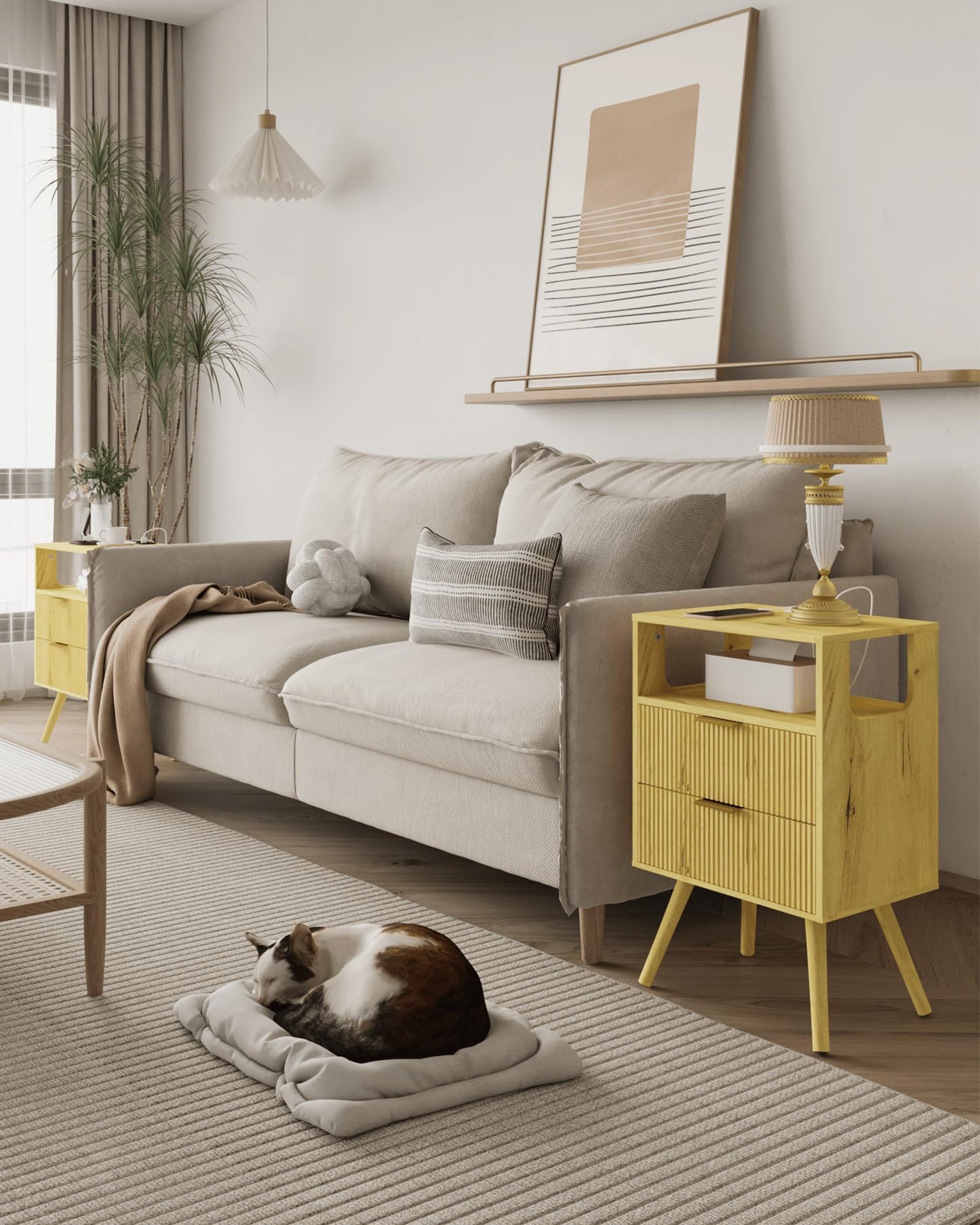 Nightstand with Charging Station and LED Lights,Modern Bedside Table with 2 Storage Drawer and Open Wood Shelf, for Bedroom and Small Spaces,Night Stand with Solid Wood Legs,GreyOak