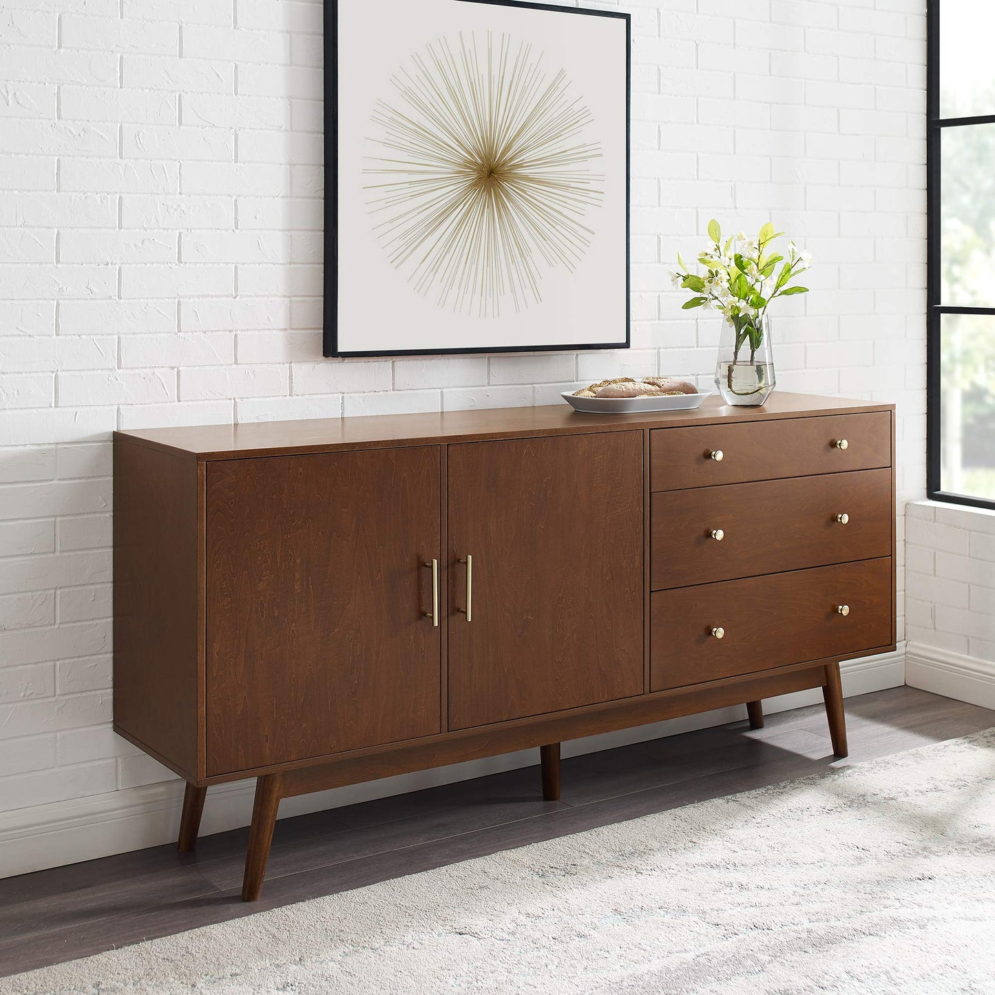 Walker Edison Mid-Century Modern Wood Kitchen Buffet Sideboard Entryway Serving Storage Cabinet Doors-Dining Room Console, 70 Inch, Walnut