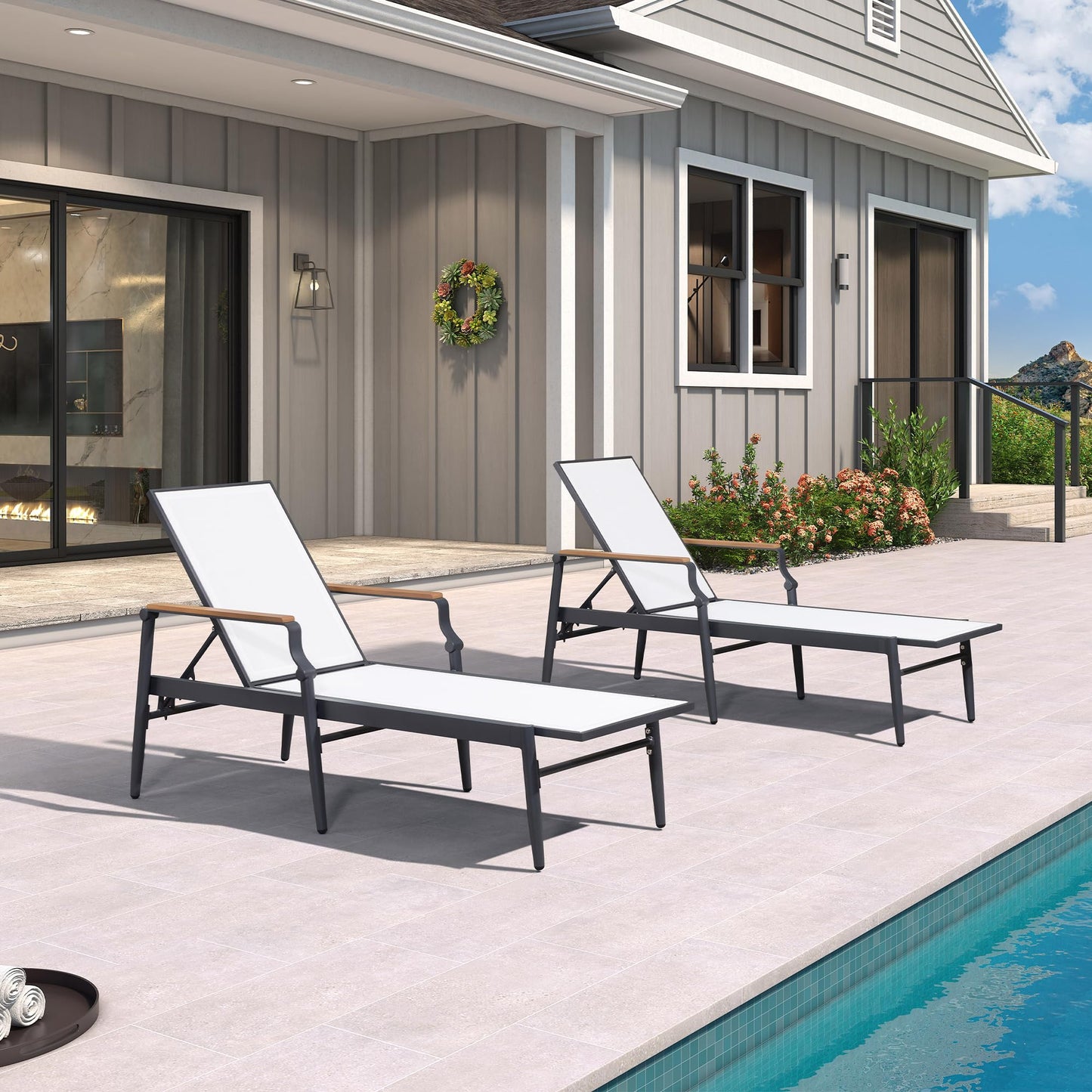PURPLE LEAF Outdoor Chaise Lounge Chair Set of 2 Patio Pool Lounger Wicker Chairs with Wooden Armrest Sunbathing Tanning Recliner for Pool Backyard Garden Dark Brown