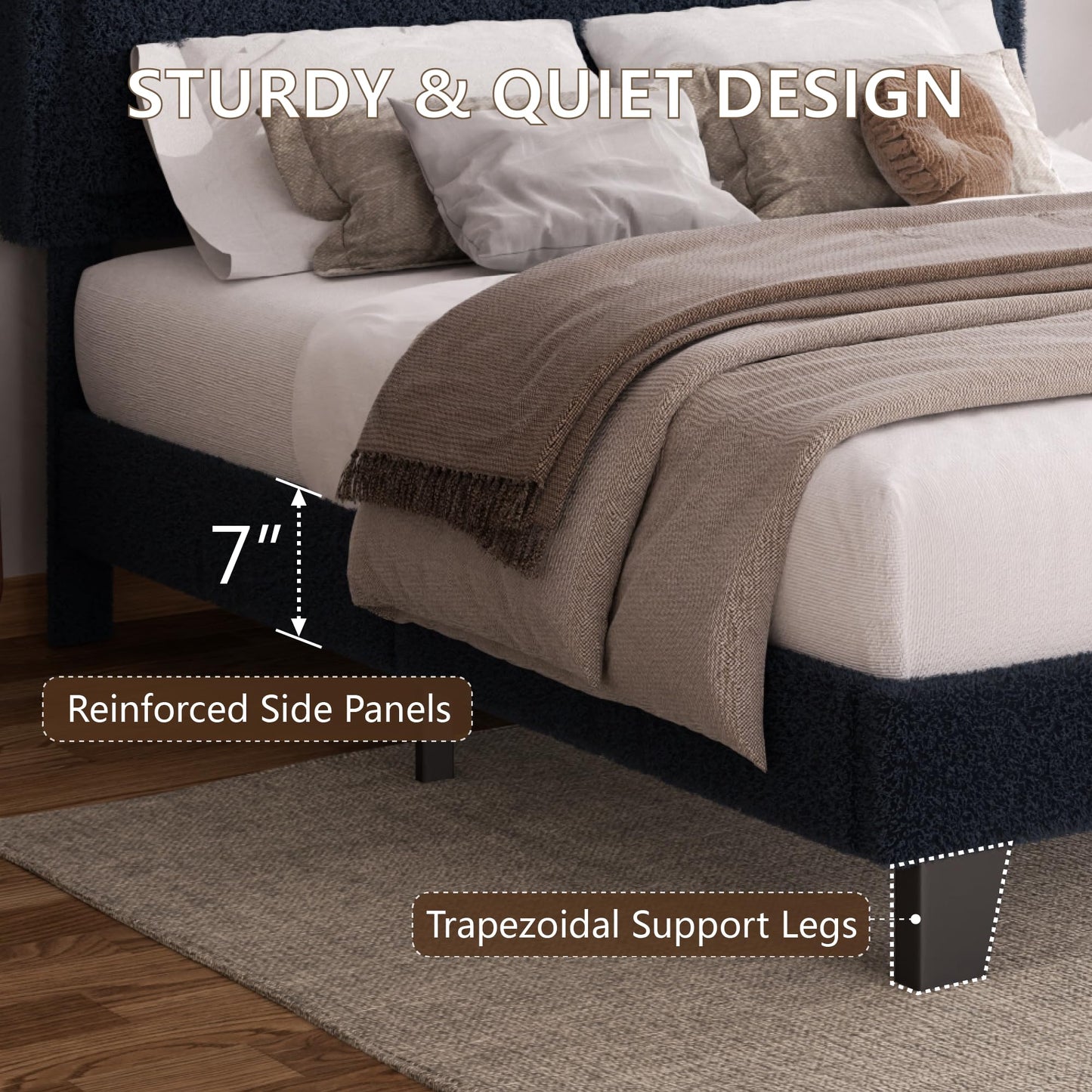King Size Bed Frame and Headboard, Boucle Upholstered Platform Cloud Bed Frame with Headboard, Soft Teddy Fabric, Modern Style, No Box Spring Required, Easy Assembly, Blue-Black