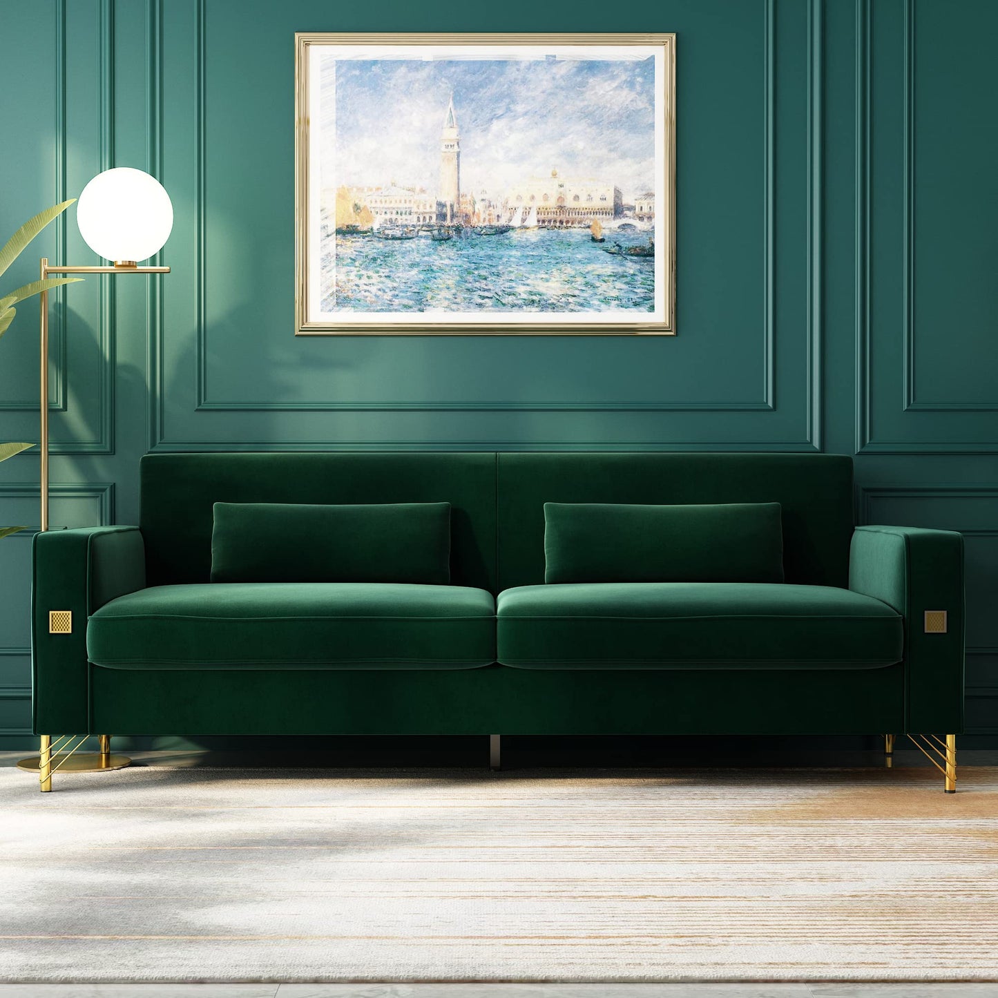 85.63" Velvet Sofa,Modern Loveseat Couch with Pillows Set of 2 for Living Room,Bedroom,Apartment Furniture with Gold Metal Legs (Green)