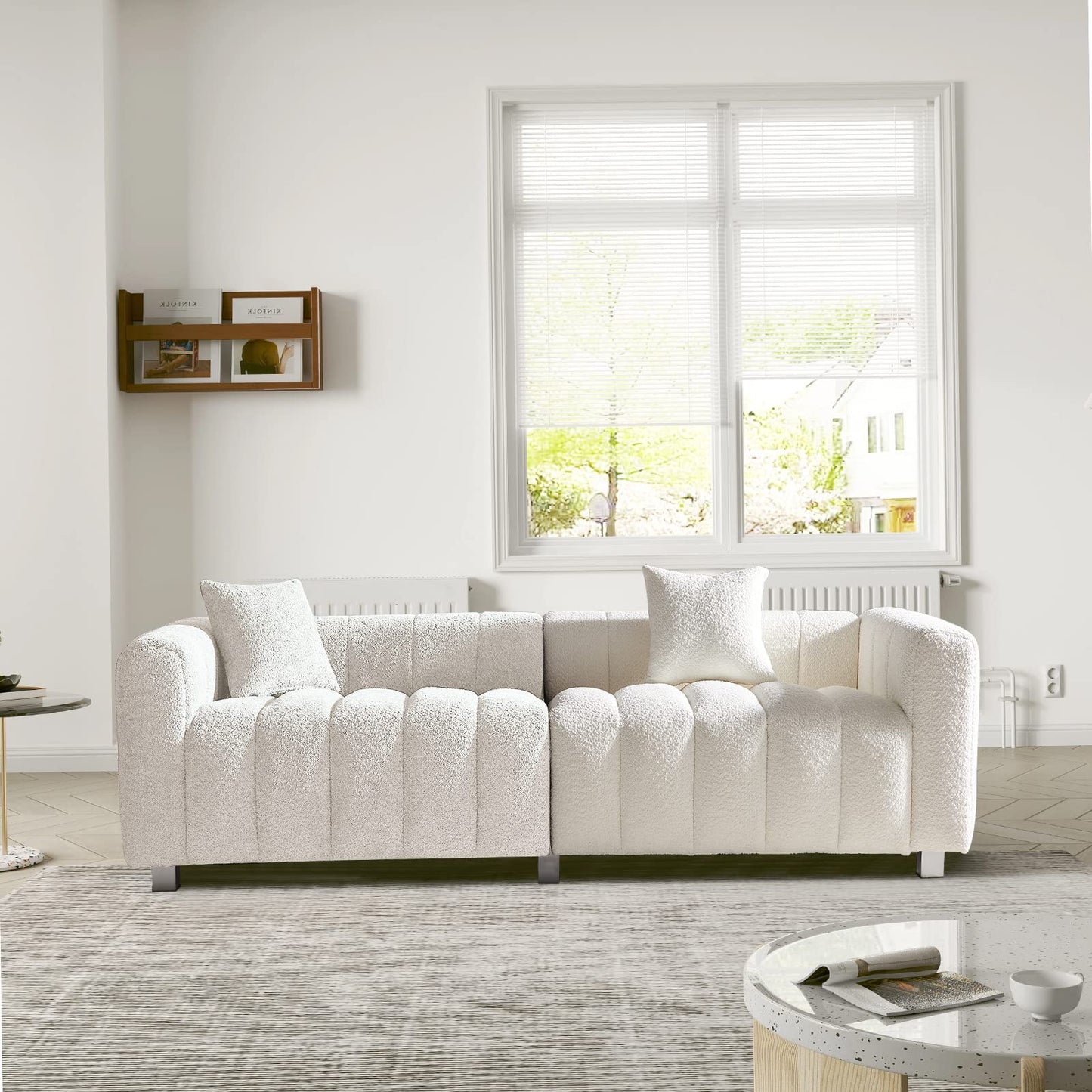 87.4" Modern 3 Seater Boucle Sofa Couch for Living Room, Mid Century Fluffy Couches with Solid Wood Frame and 6 Legs for Bedroom, Apartment, Weight Capacity 750 LBS (White)