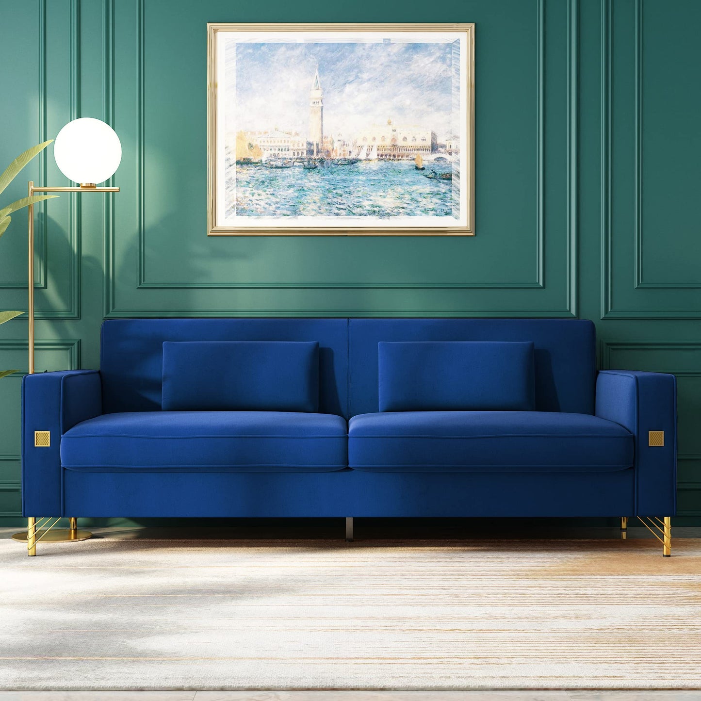 85.63" Velvet Sofa,Modern Loveseat Couch with Pillows Set of 2 for Living Room,Bedroom,Apartment Furniture with Gold Metal Legs (Green)