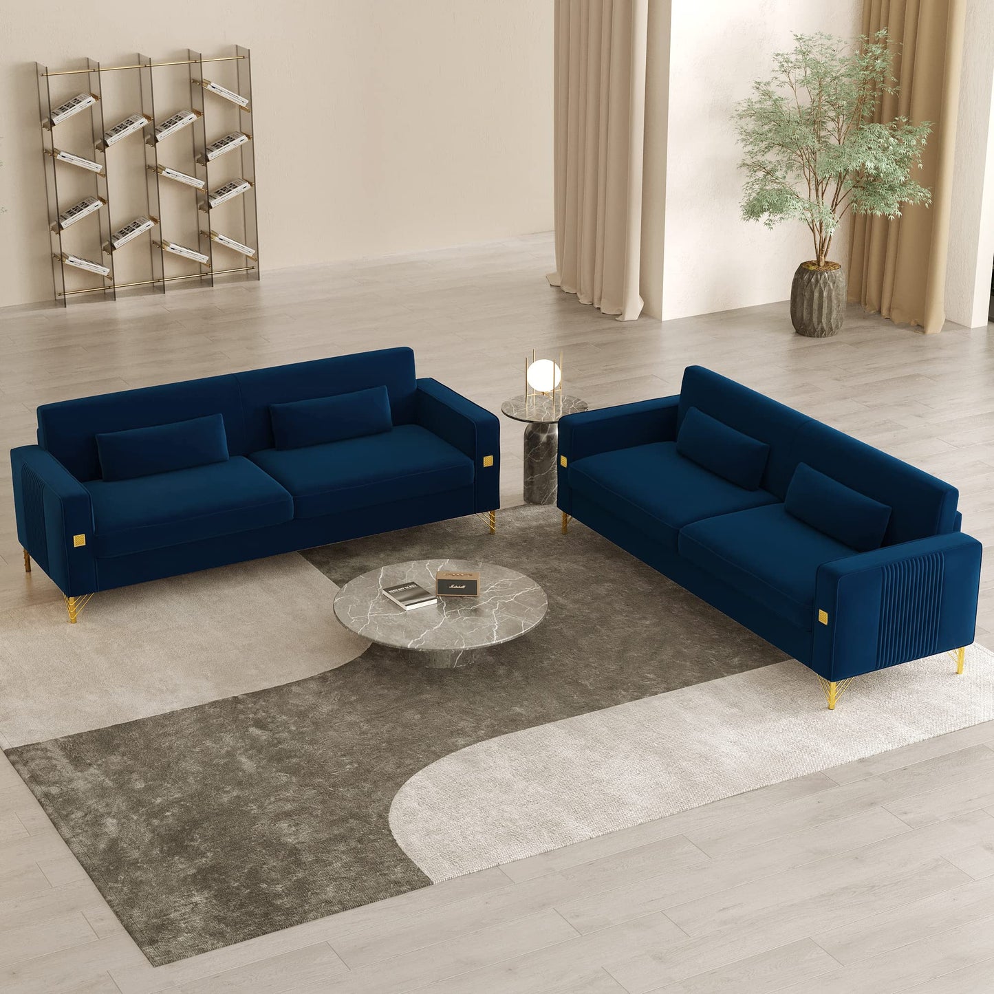 85.63" Velvet Sofa,Modern Loveseat Couch with Pillows Set of 2 for Living Room,Bedroom,Apartment Furniture with Gold Metal Legs (Green)