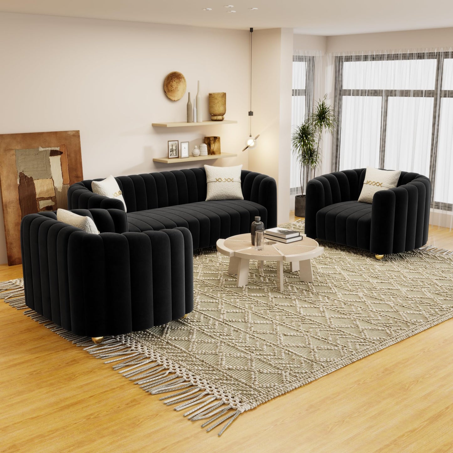 83'' Sofa for Living Room Modern Teddy Short Plush Couch 3-Seater Apartment Sofa with 2 Pillows & Golden Metal Legs