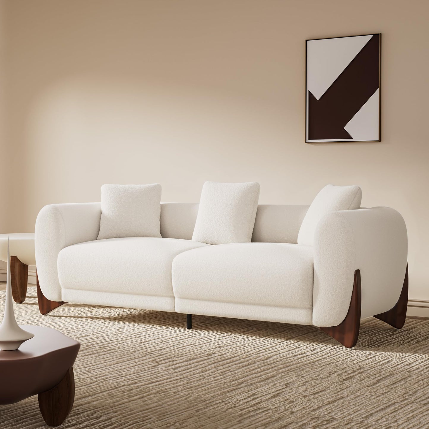 Morden Fort Modern Cloud Couch - 3 Seater Sherpa Boucle Sofa with Wood Legs, Ultra-Thick High Resilience Cushion with 3 Matching Pillows Upholstered Comfy Couch Sofa for Living Room - Off White