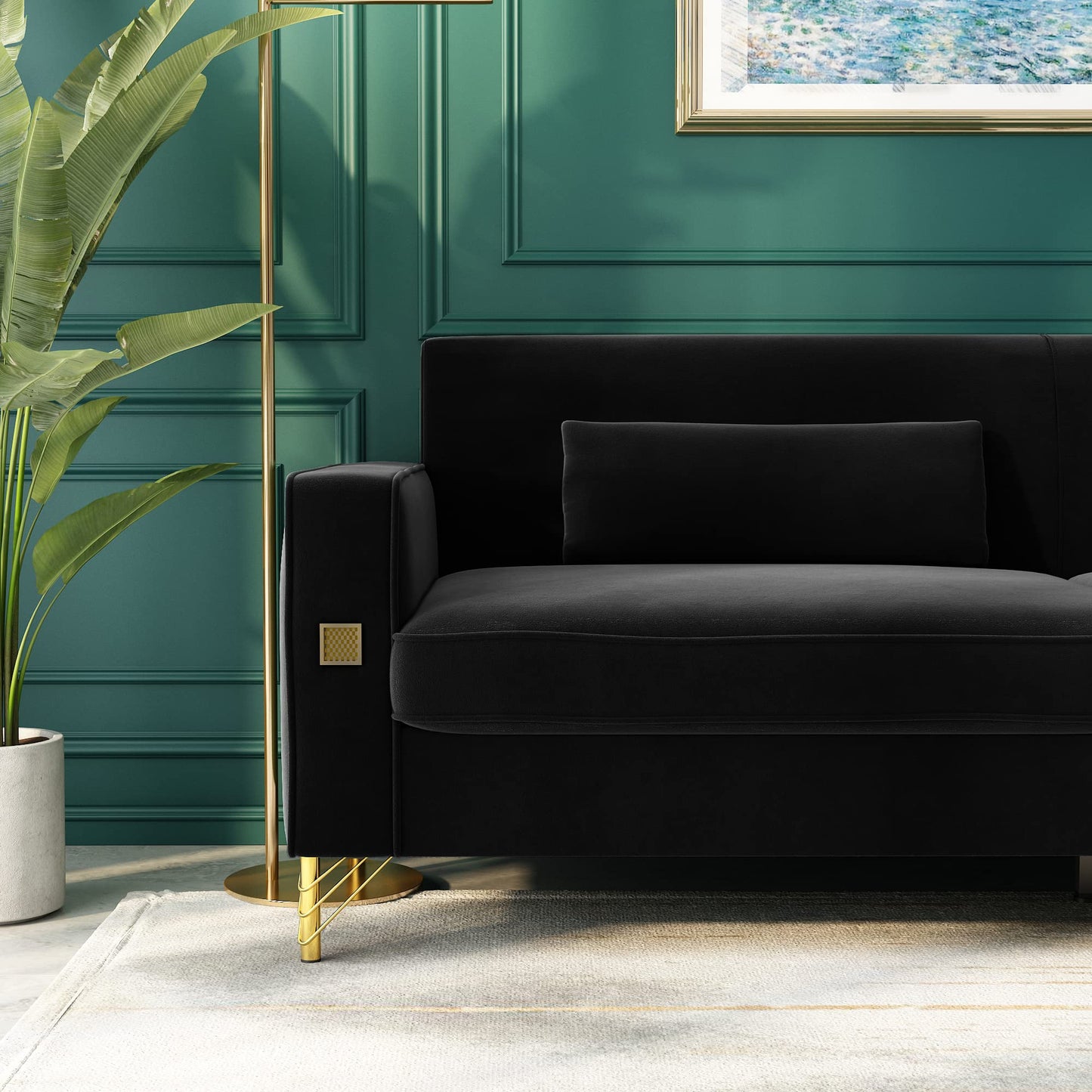 85.63" Velvet Sofa,Modern Loveseat Couch with Pillows Set of 2 for Living Room,Bedroom,Apartment Furniture with Gold Metal Legs (Green)