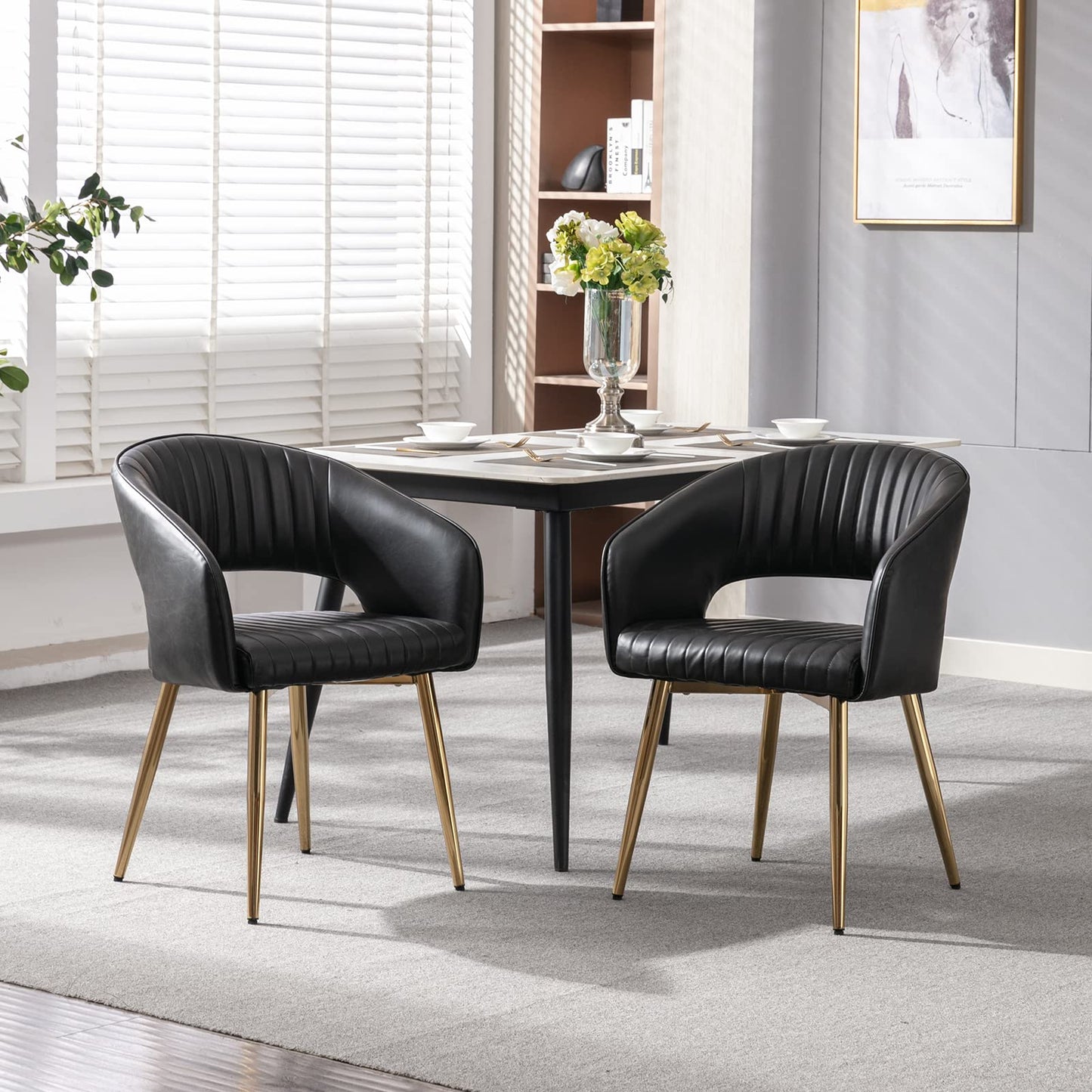 Modern Velvet Dining Chairs Set of 2, Upholstered Gold Dining Chairs with Hollow Back, Dining Room Chairs with Gold Legs, Accent Armrest Kitchen Chairs for Living Room Reception Teal Blue