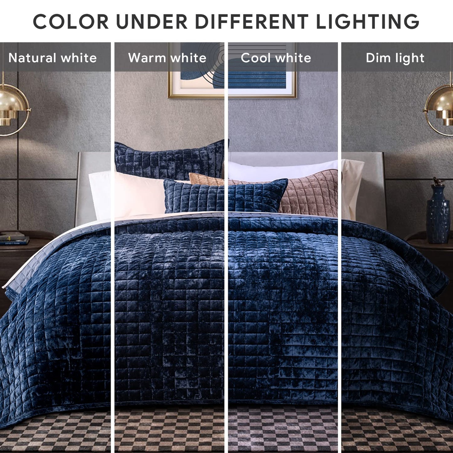 RECYCO Luxury Velvet Quilt Set King Size, Lightweight Velvet Comforter Set, Oversized Bedspread Coverlet Quilted Bedding Set, with 2 Matching Pillow Shams, for All Season, Navy Blue