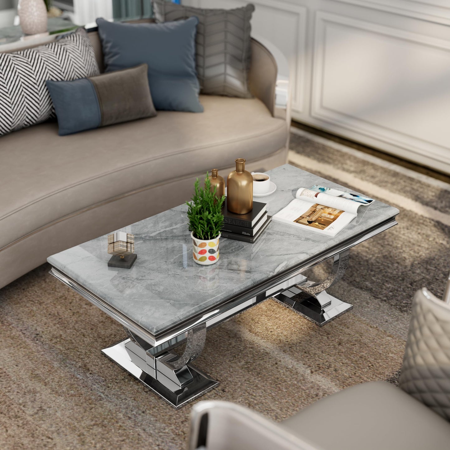 Asday Gold and White Coffee Table, Rectangle Marble Living Room Tea Table, Elegant Coffee Table for Living Room, Guest Hall, Reception Room