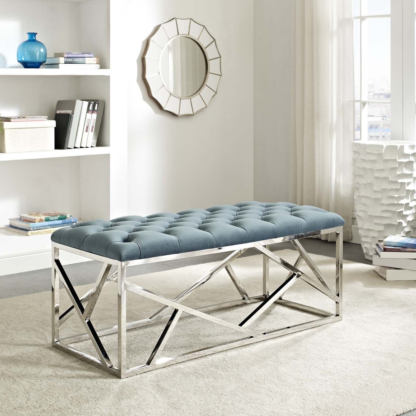 Modway intersperse Button-Tufted Contemporary Modern with Metallic Frame, Bench, Silver Gray