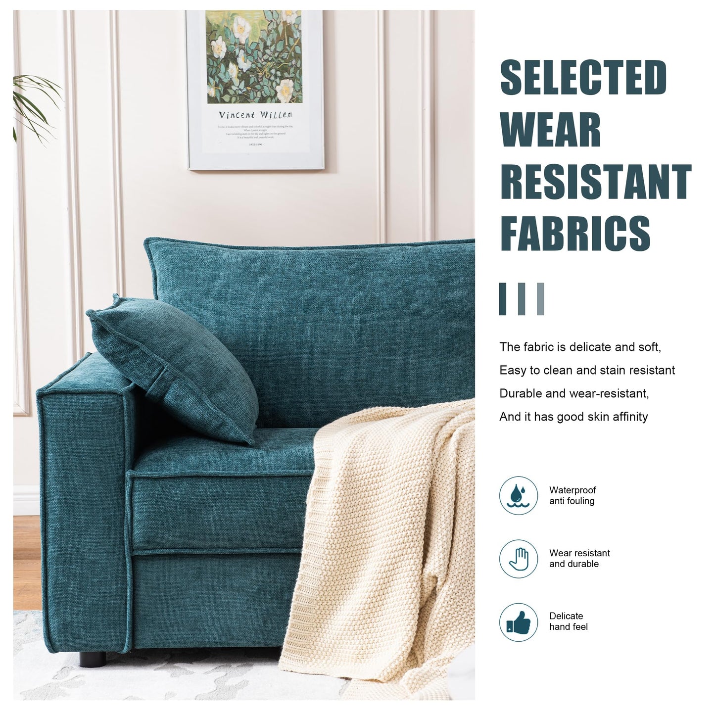 PINJU Three Person Sofa with Wide Upholstered Chaise Lounge Sofa, Linen Fabric, Easy to Assemble, No Noise (Turquoise)