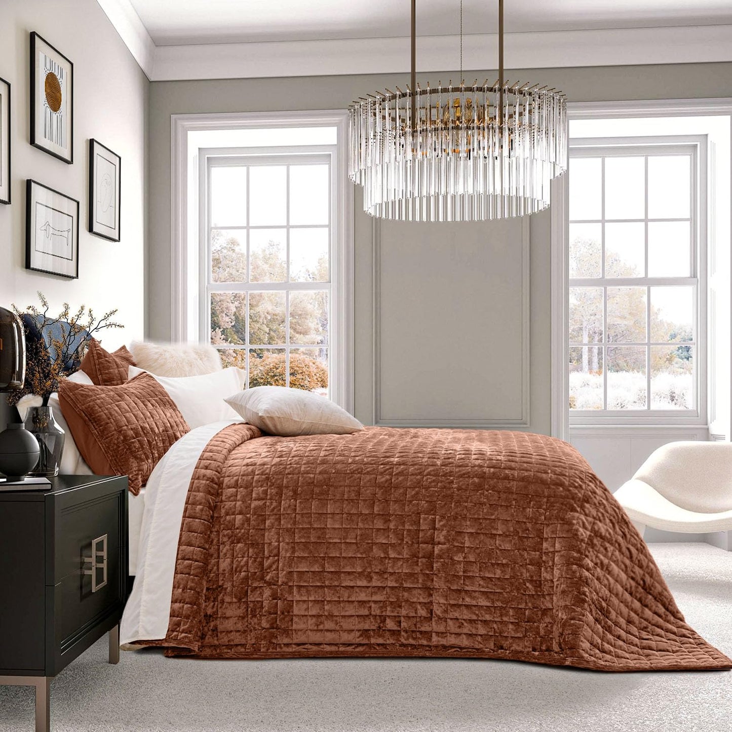 RECYCO Luxury Velvet Quilt Set King Size, Lightweight Velvet Comforter Set, Oversized Bedspread Coverlet Quilted Bedding Set, with 2 Matching Pillow Shams, for All Season, Navy Blue