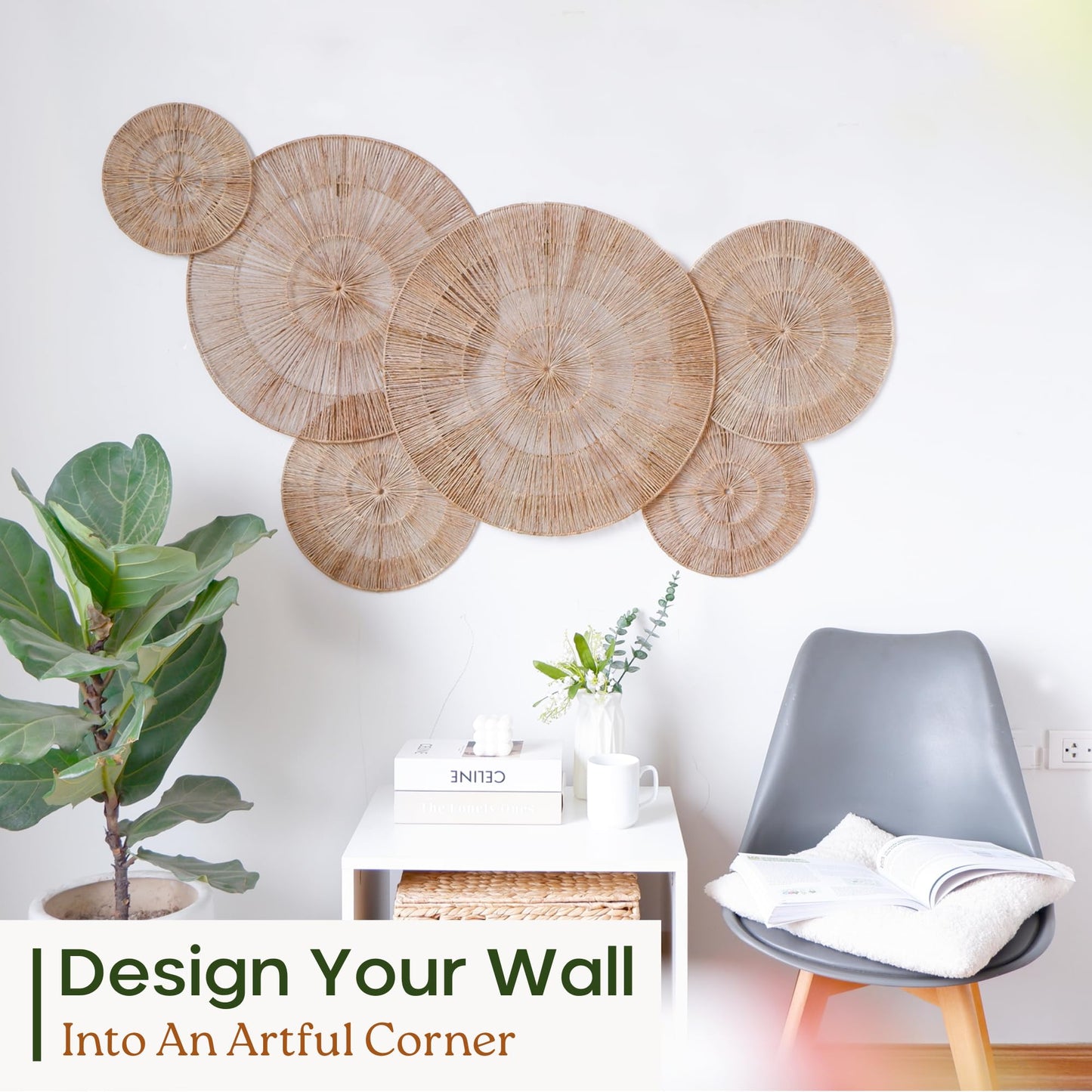 CHI AN 18 Inch Boho Wall Decor – Set of 5 Woven Jute Wall Baskets, Boho Wall Art & Decorative Basket Set, Farmhouse Wall Hanging, Handwoven Wall Plates for Living Room, Bedroom – 18", 14", 11", 8", 7"