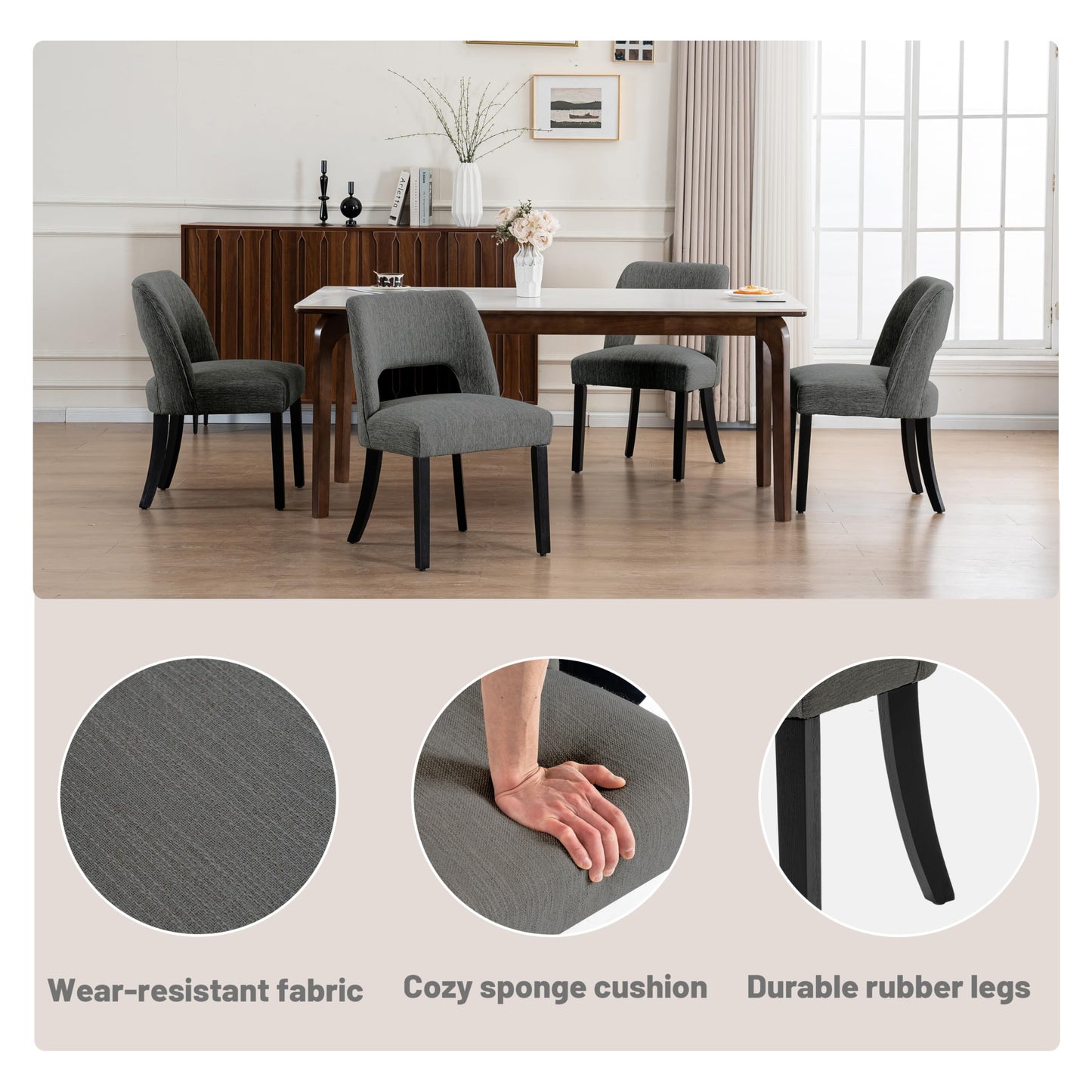VKNOW Wooden Dining Chairs Set of 2, Modern Fabric Upholstered Dining Room Chair Kitchen Chairs, Farmhouse Dinner Chair for Kitchen Dining Room, Beige-Black Legs
