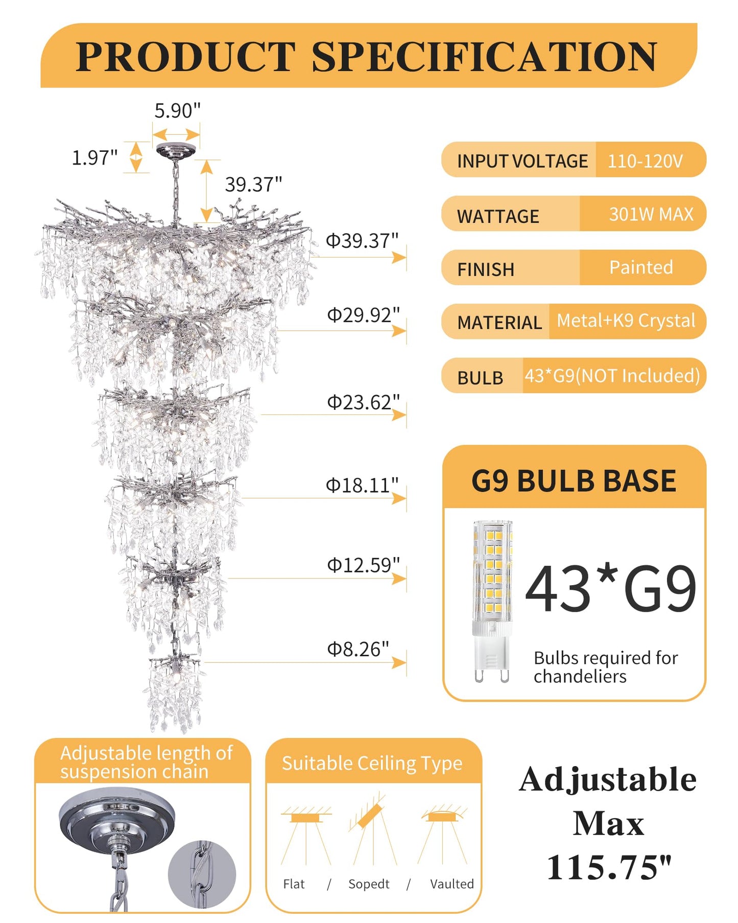 Modern Tree Branch Crystal Chandelier Luxury Silver Crystal Pendant Lighting 18" Contemporary 6-Light Chandeliers for Dining Room Kitchen Bedroom Living Room