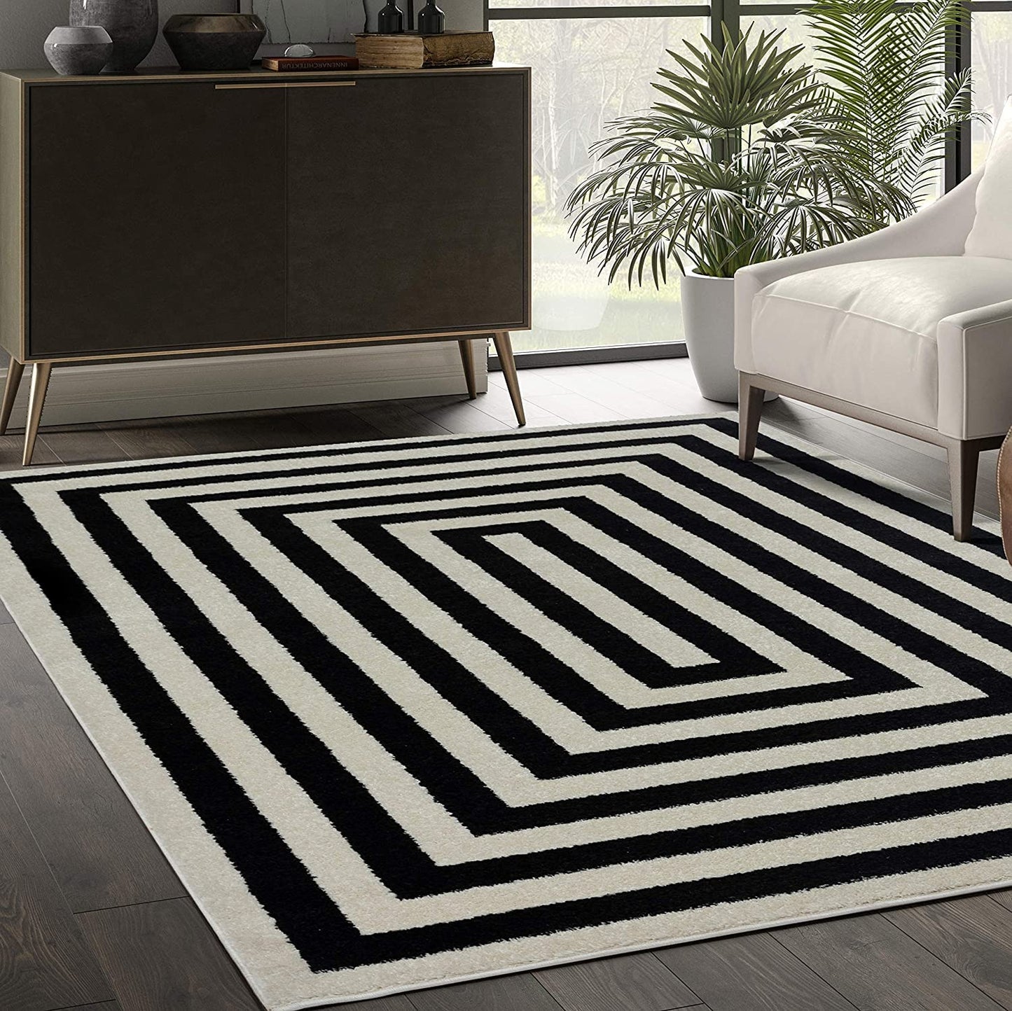 Abani Contemporary Black & Ivory 5'3" x 7'6" Area Rug, Contrasting Geometric Modern Stripe Symmetrical Living Room Carpet Rugs