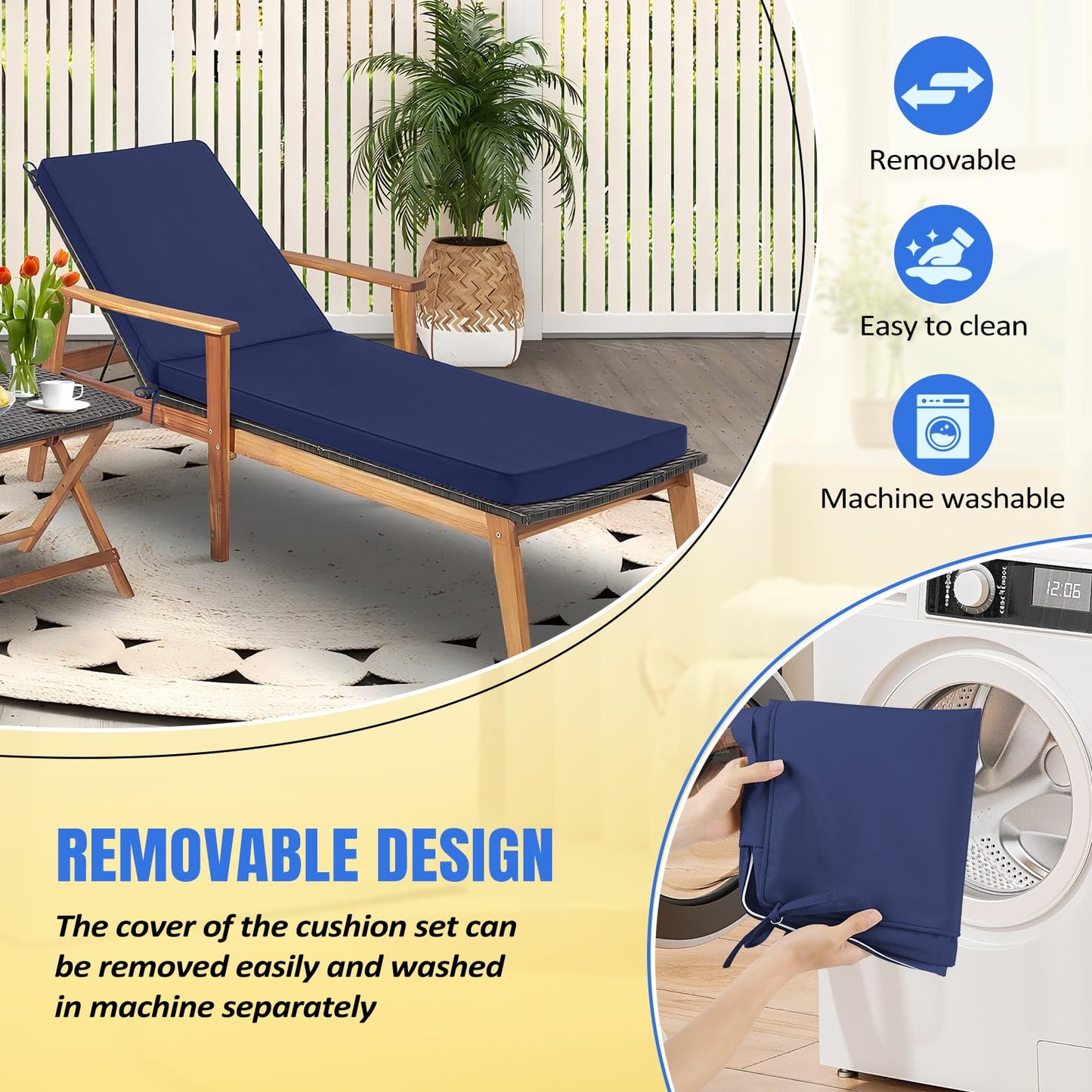Basic Beyond Chaise Lounge Cushions Outdoor, 3-Layer Waterproof Outdoor Furniture Cushions with Removable Cover and 4 Ties, 72"x21"x3" Patio Lounge Chair Cushions for Outdoor Furniture, Yellow
