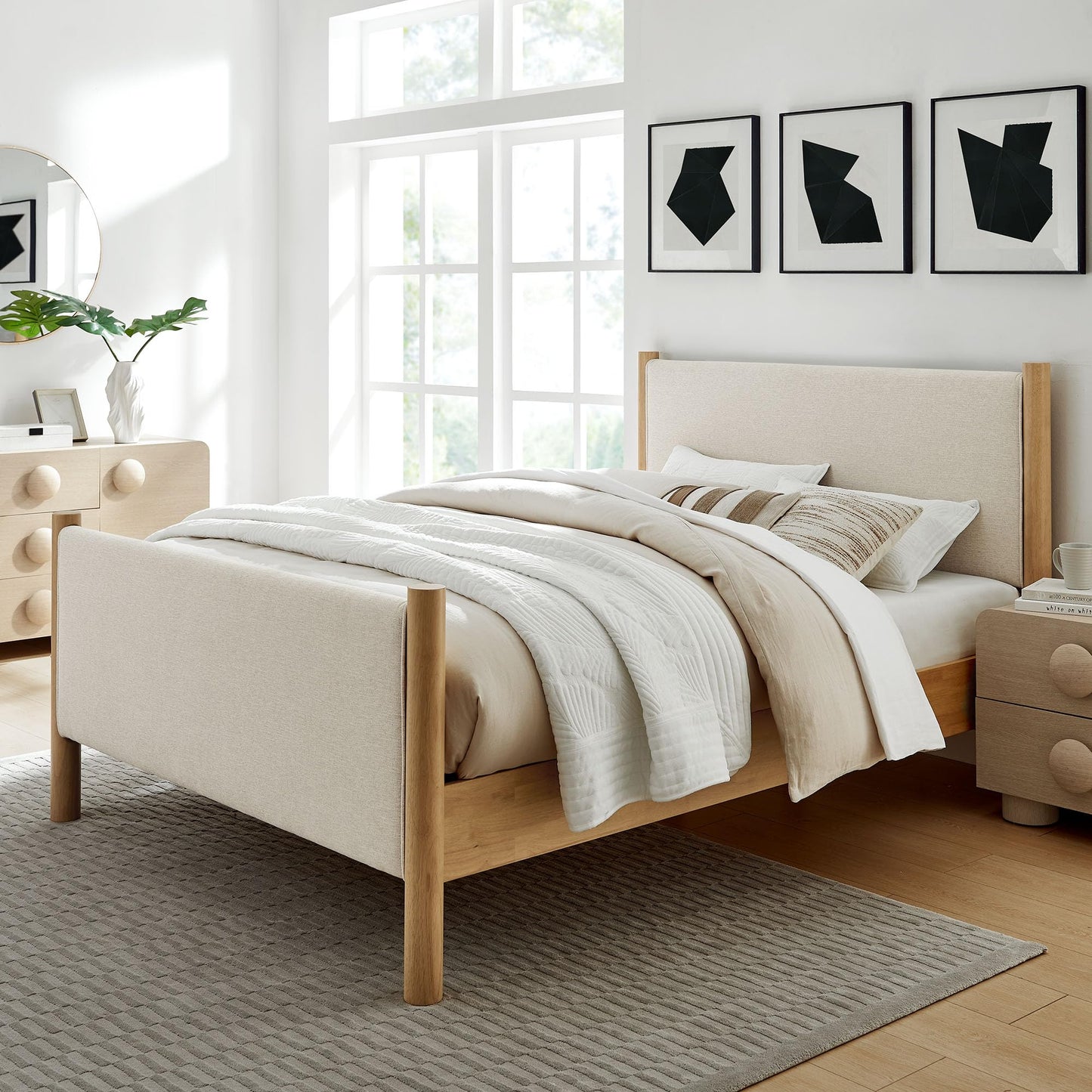 Modway Maven King Size Bed Frame in Tan Walnut with Faux Leather Upholstered Headboard and Footboard – Wood King Platform Bed Frame – No Box Spring Needed