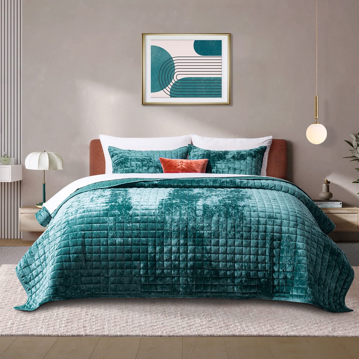 RECYCO Luxury Velvet Quilt Set King Size, Lightweight Velvet Comforter Set, Oversized Bedspread Coverlet Quilted Bedding Set, with 2 Matching Pillow Shams, for All Season, Navy Blue
