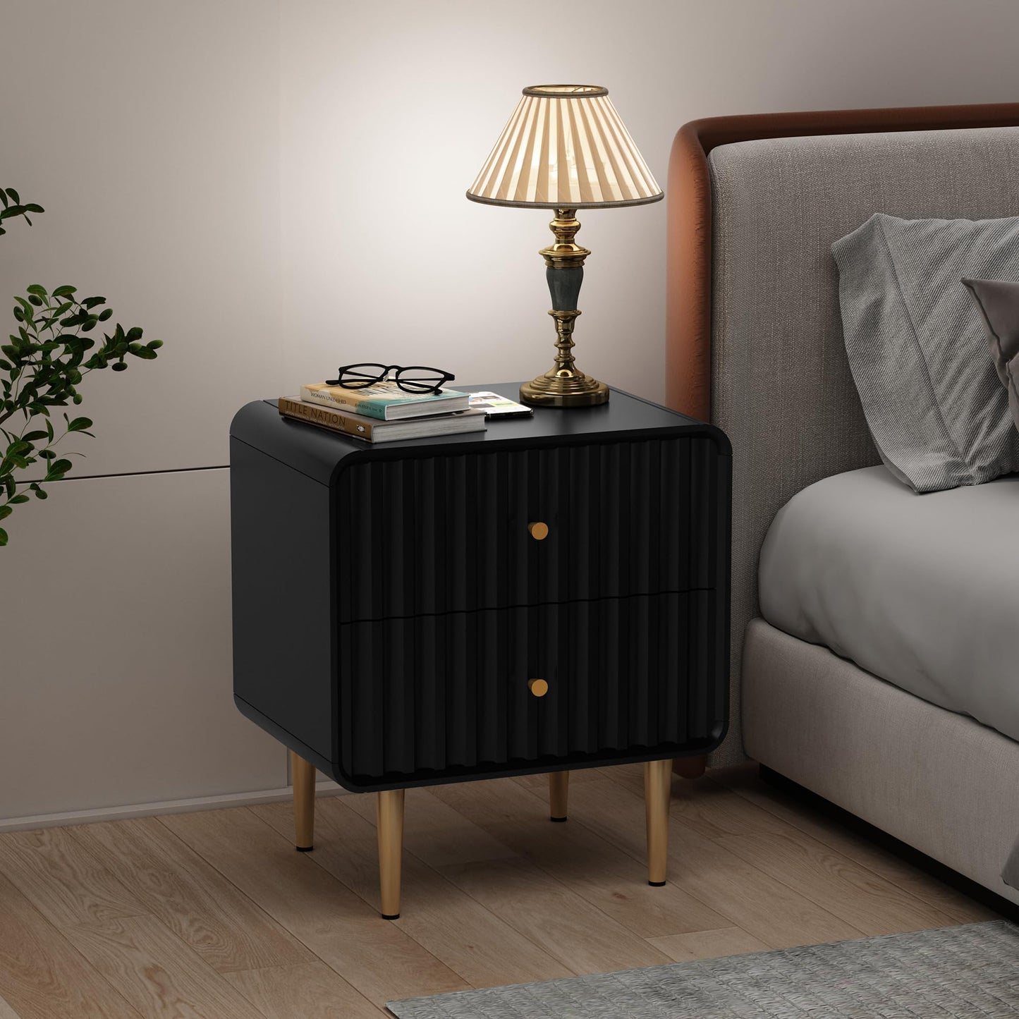 HLR Modern Nightstand Set of 2, Fluted Bed Side Table with 2 Drawers Storage, Wood End Table with Gold Metal Handle, White Night Stands for Bedroom