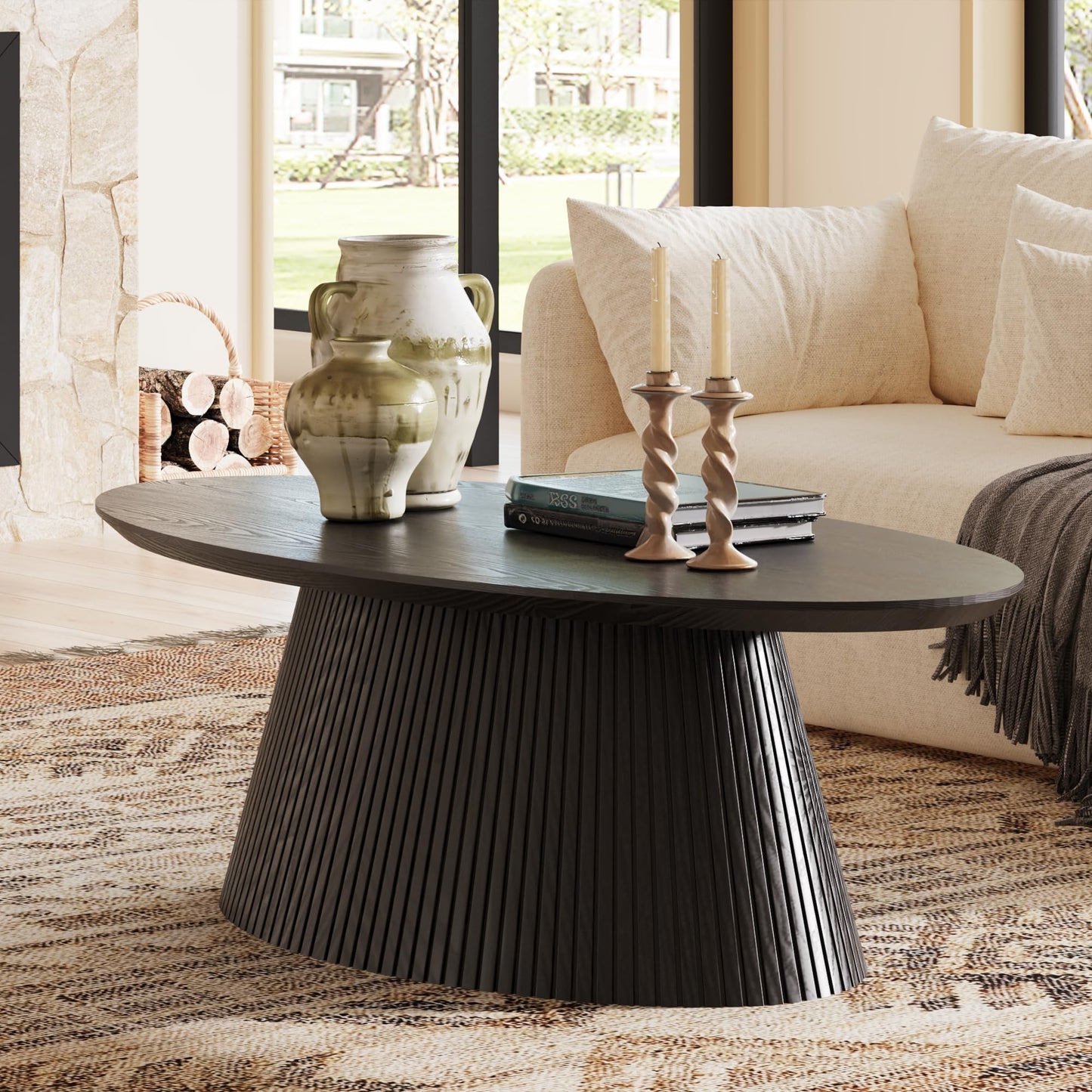 win2win Oval Coffee Table, Mid Century Modern Coffee Table with Fluted Design, Small Funky Tea Table with Wood Grain Veneer, Minimalist Center Table for Living Room, Apartment, Office, Walnut