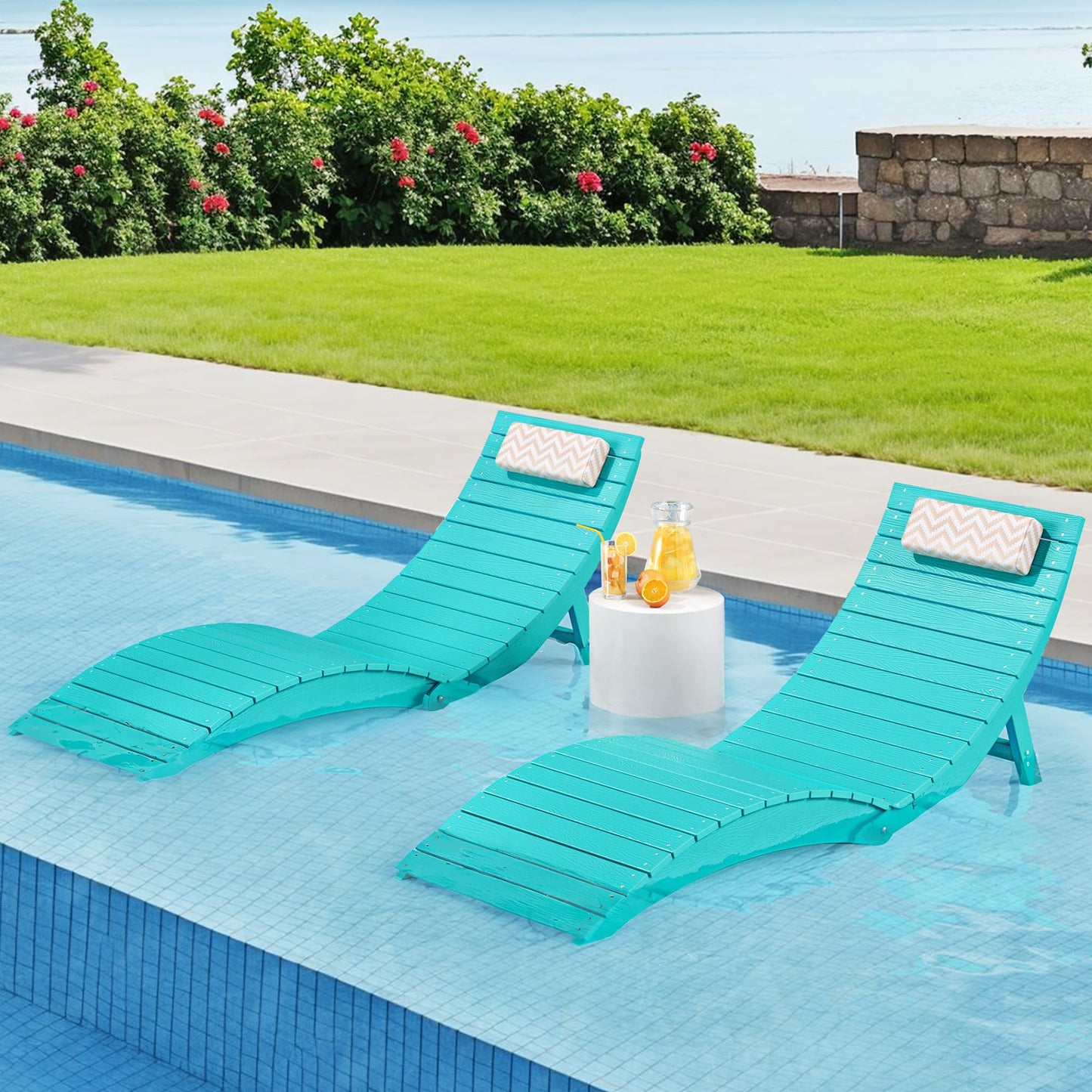 Folding Pool Lounge Chairs Set of 2, HDPS Anti-Floating Lounge Chairs for in-Pool Use, Chairs with Headrest for Hotel, Resort, Poolside, Beach & Sun Decks, Yellow