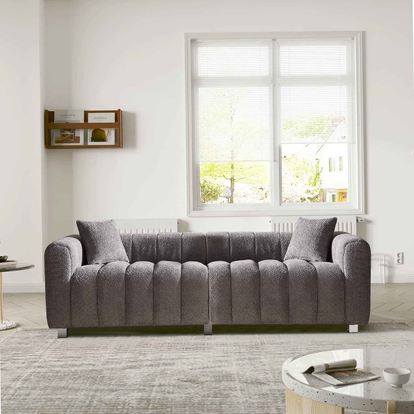87.4" Modern 3 Seater Boucle Sofa Couch for Living Room, Mid Century Fluffy Couches with Solid Wood Frame and 6 Legs for Bedroom, Apartment, Weight Capacity 750 LBS (White)