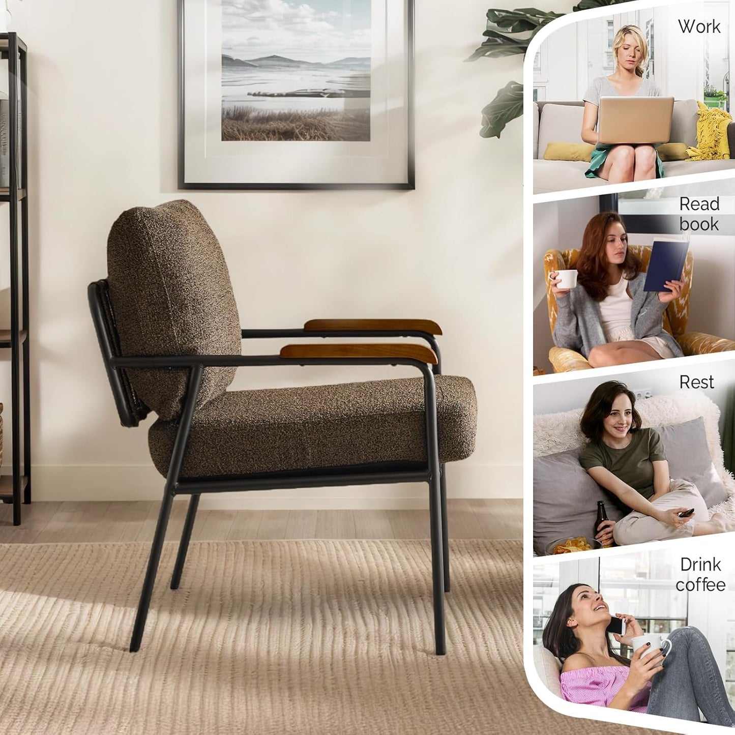 VINGLI Mid-Century Modern Accent Armchiar for Small Space, Small Comfy Upholstered Leisure Reading Chair with Wood Armrest for Bedroom, Living Room, Waiting Room, Linen Teal