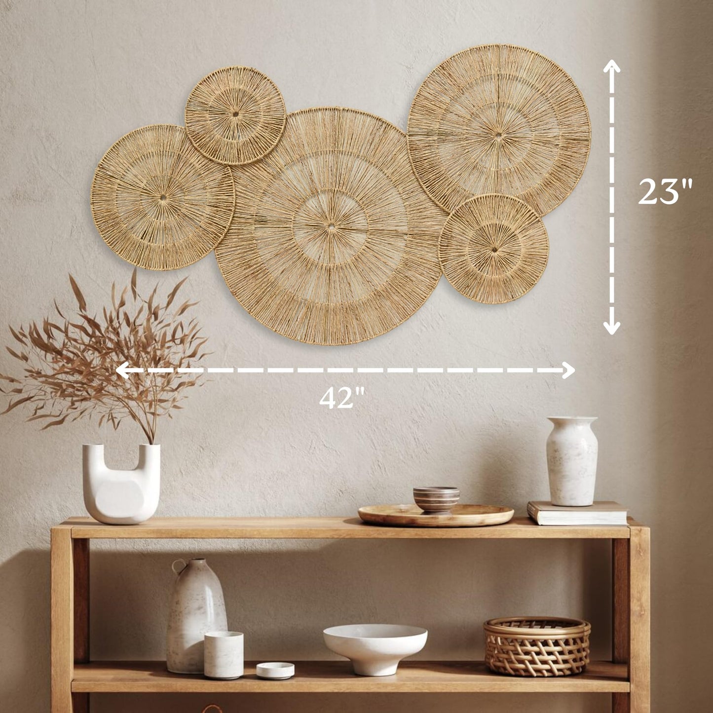 CHI AN 18 Inch Boho Wall Decor – Set of 5 Woven Jute Wall Baskets, Boho Wall Art & Decorative Basket Set, Farmhouse Wall Hanging, Handwoven Wall Plates for Living Room, Bedroom – 18", 14", 11", 8", 7"