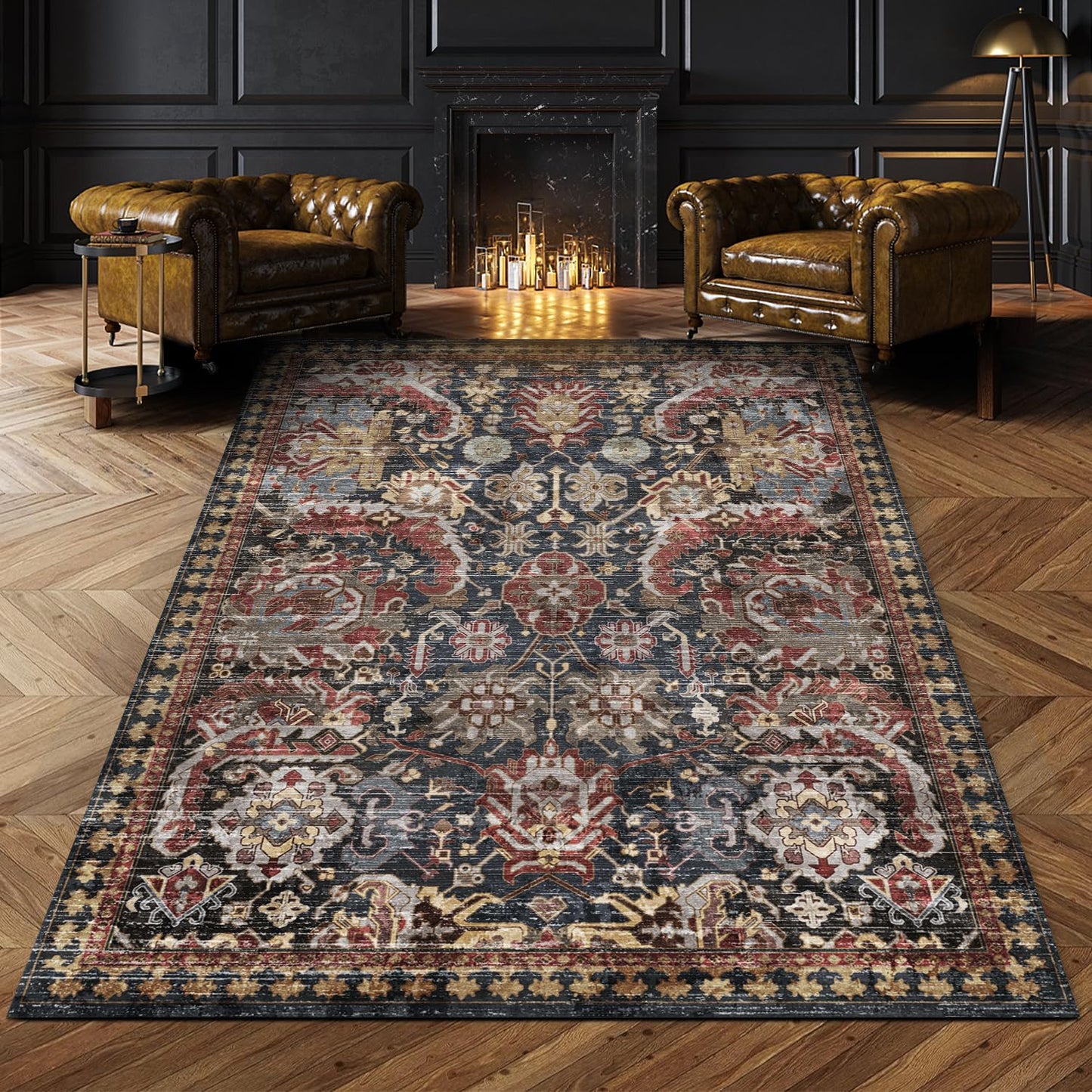 Washable Area Rugs - Perfect for Living Room, Bedroom, Kids Room, Nursery - Stain & Water Resistant Non-Slip, Pet & Child Friendly, Vintage Tribal Area Rugs (Navy, 9' x 12')