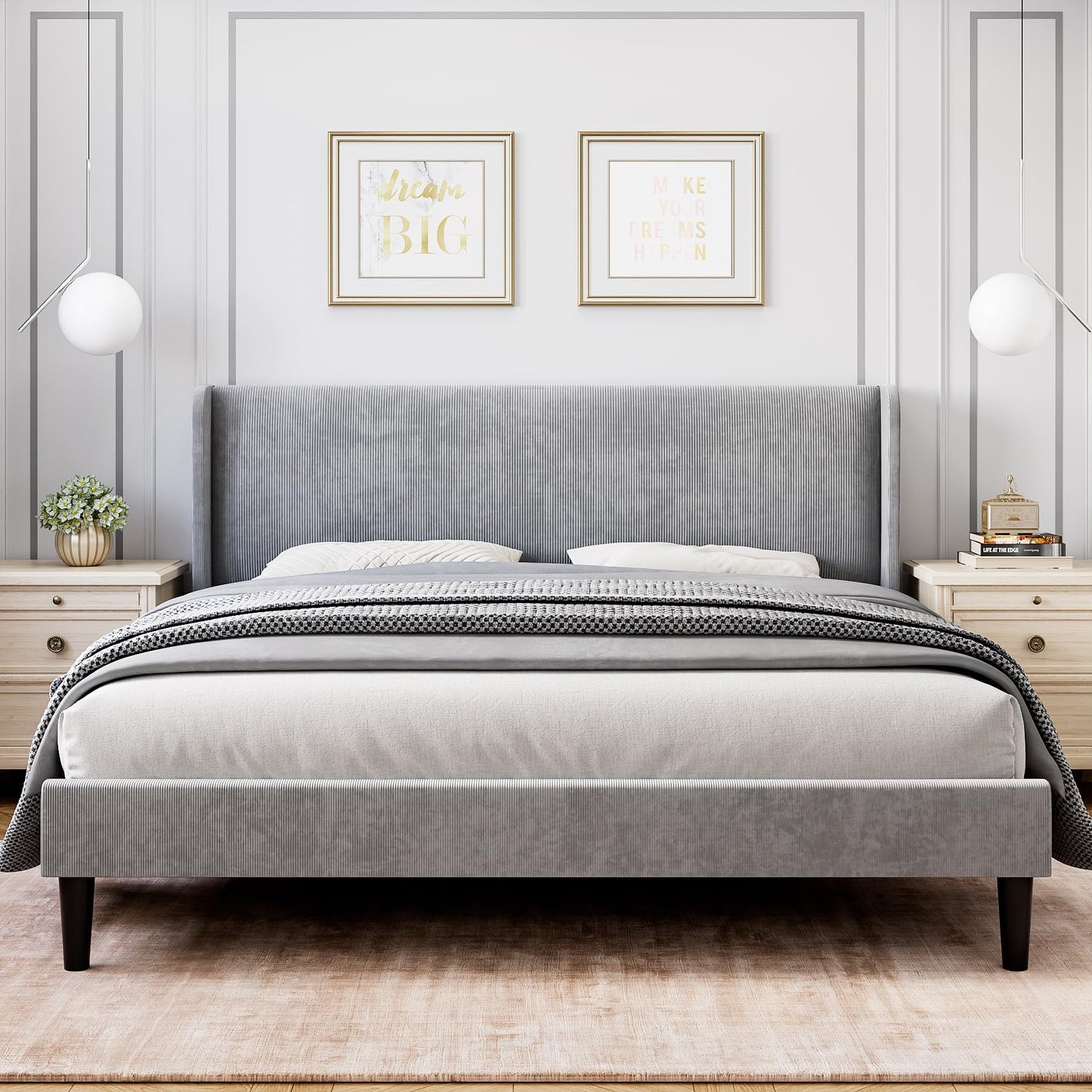 IDEALHOUSE King Upholstered Bed Frame with Wingback Headboard, Luxurious Velvet Upholstery Platform Bed, Wooden Slat Support, and Easy Assembly - Box Spring Optional, Light Gray