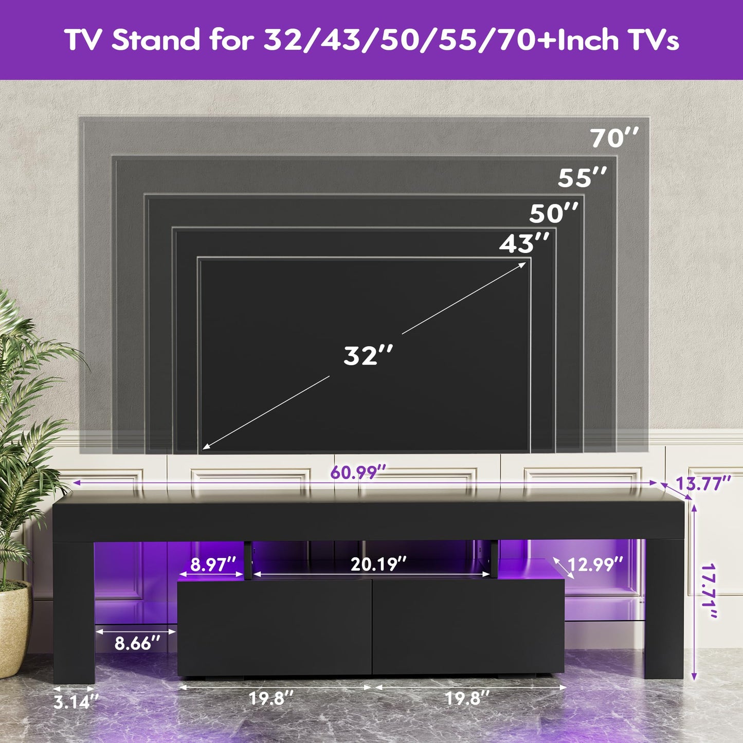 JUMMICO TV Stand, Modern Lighting TV Cabinet Entertainment Center Media and Open Shelf, TV Console Table with 1 Drawer and Remote Control, 20 Color LED Lights up to 70 Inch TV (White)