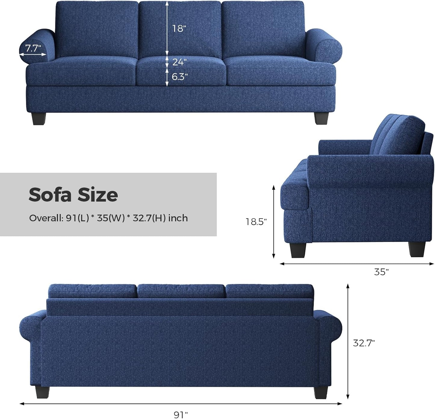 91 Inch Lawson Sofa with Extra Deep Seats Oversize, Mid-Century 3-Seat Sofa Couch, for Living Room, Apartment, Lounge, Dark Blue