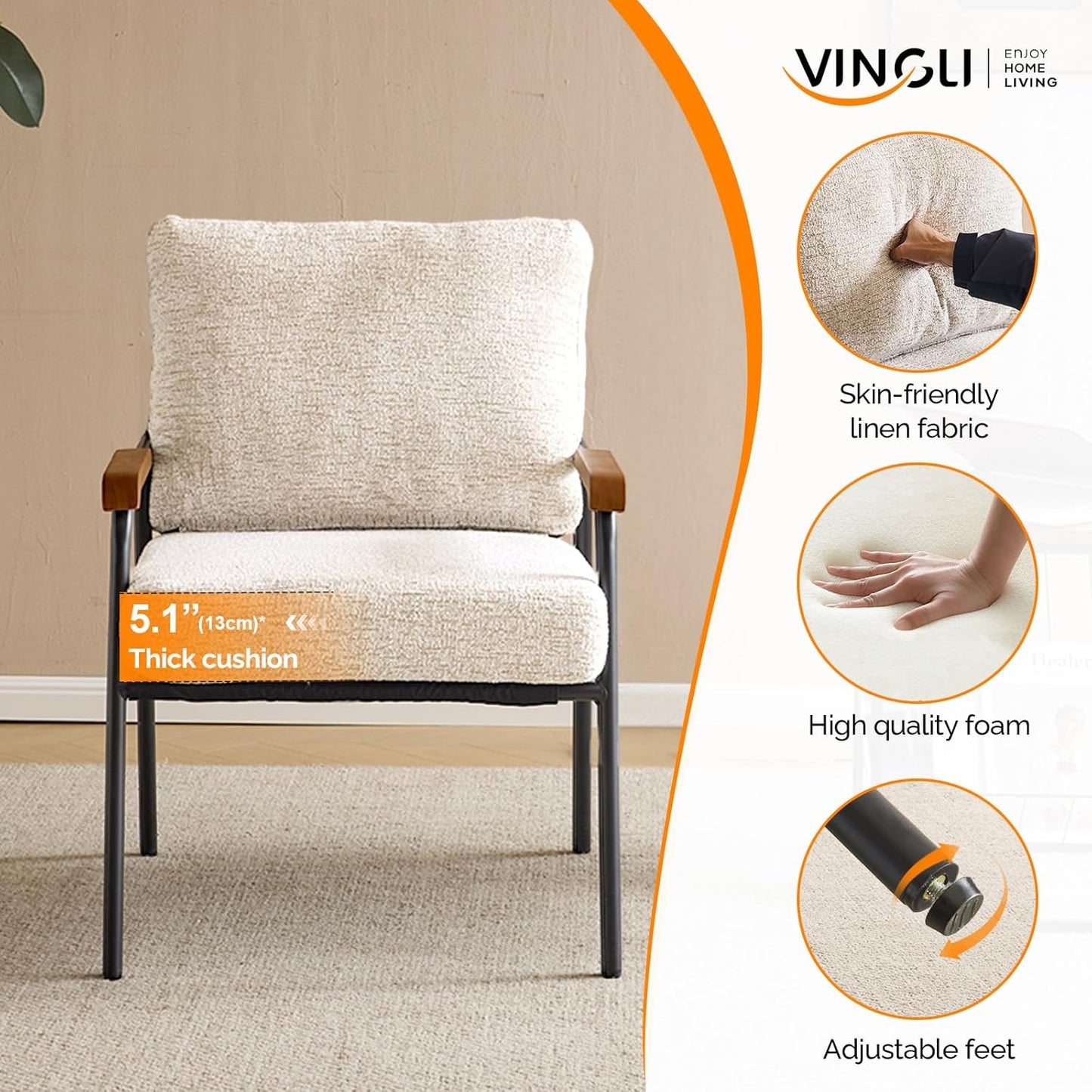 VINGLI Mid-Century Modern Accent Armchiar for Small Space, Small Comfy Upholstered Leisure Reading Chair with Wood Armrest for Bedroom, Living Room, Waiting Room, Linen Teal