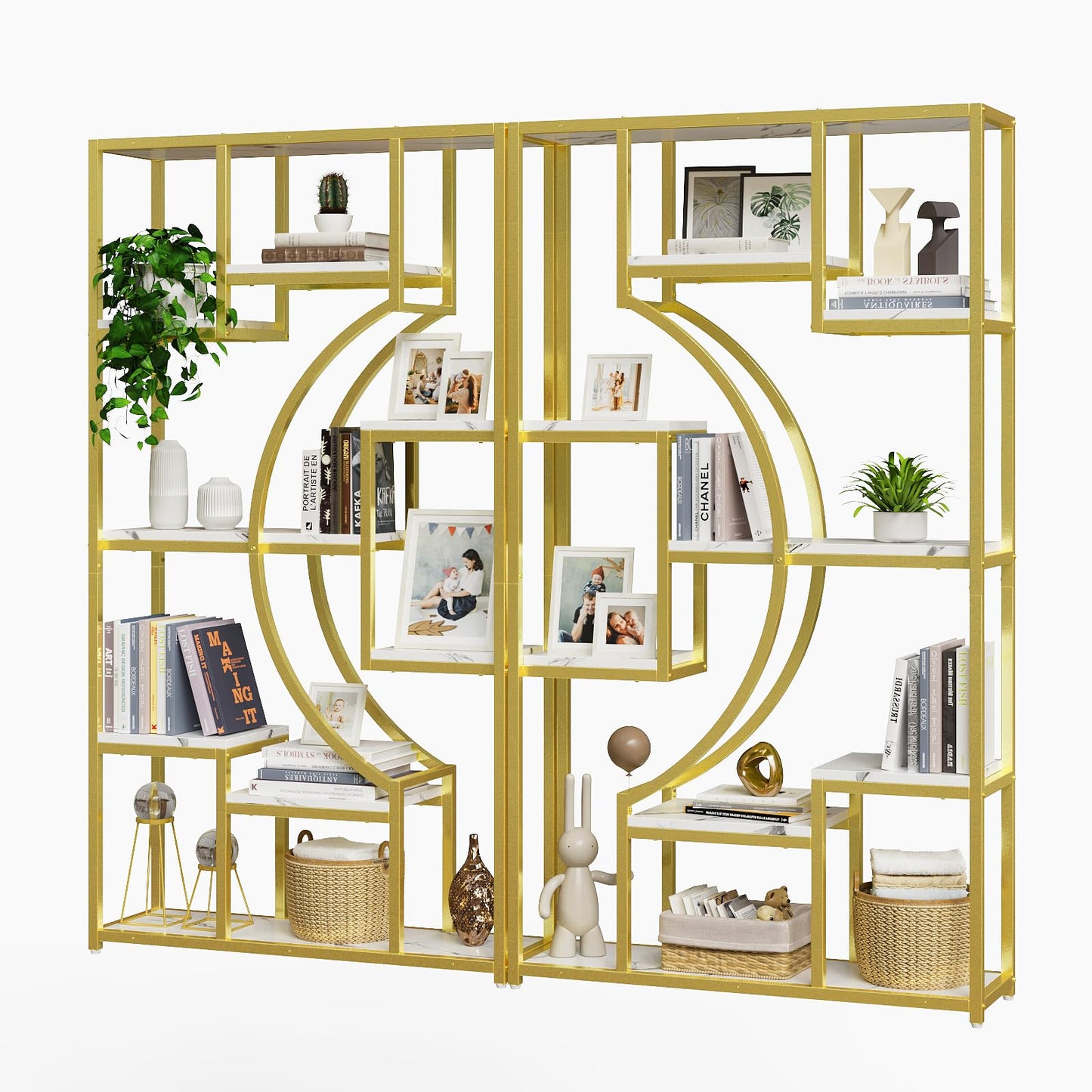 70.8" Tall Bookshelf Set of 2, 79" Wide Geometric Display Shelf with 18 Open Storage Shelves, Scratch-Resistant Gray Wash & Metal Frame, for Living Room, Office, Bedroom – Anti-Tip & Adjustable Feet