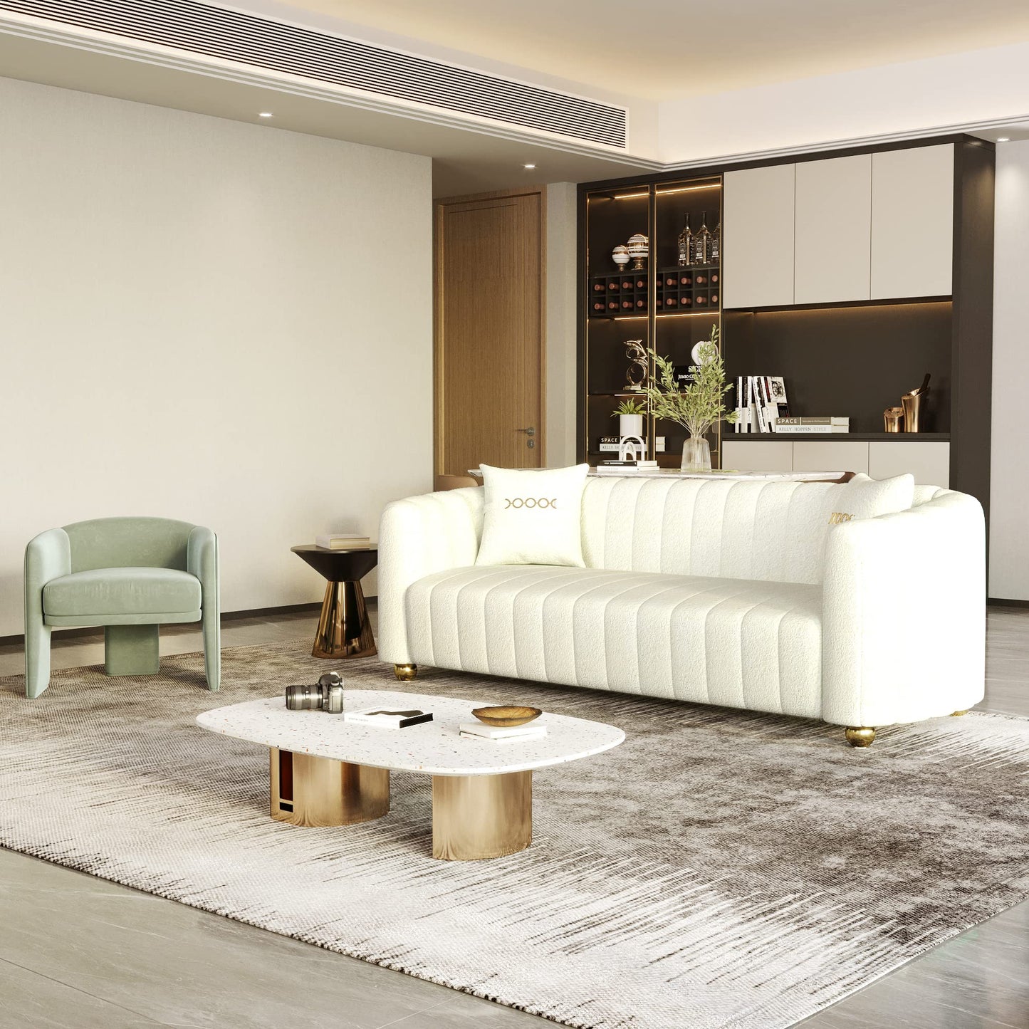 83'' Sofa for Living Room Modern Teddy Short Plush Couch 3-Seater Apartment Sofa with 2 Pillows & Golden Metal Legs