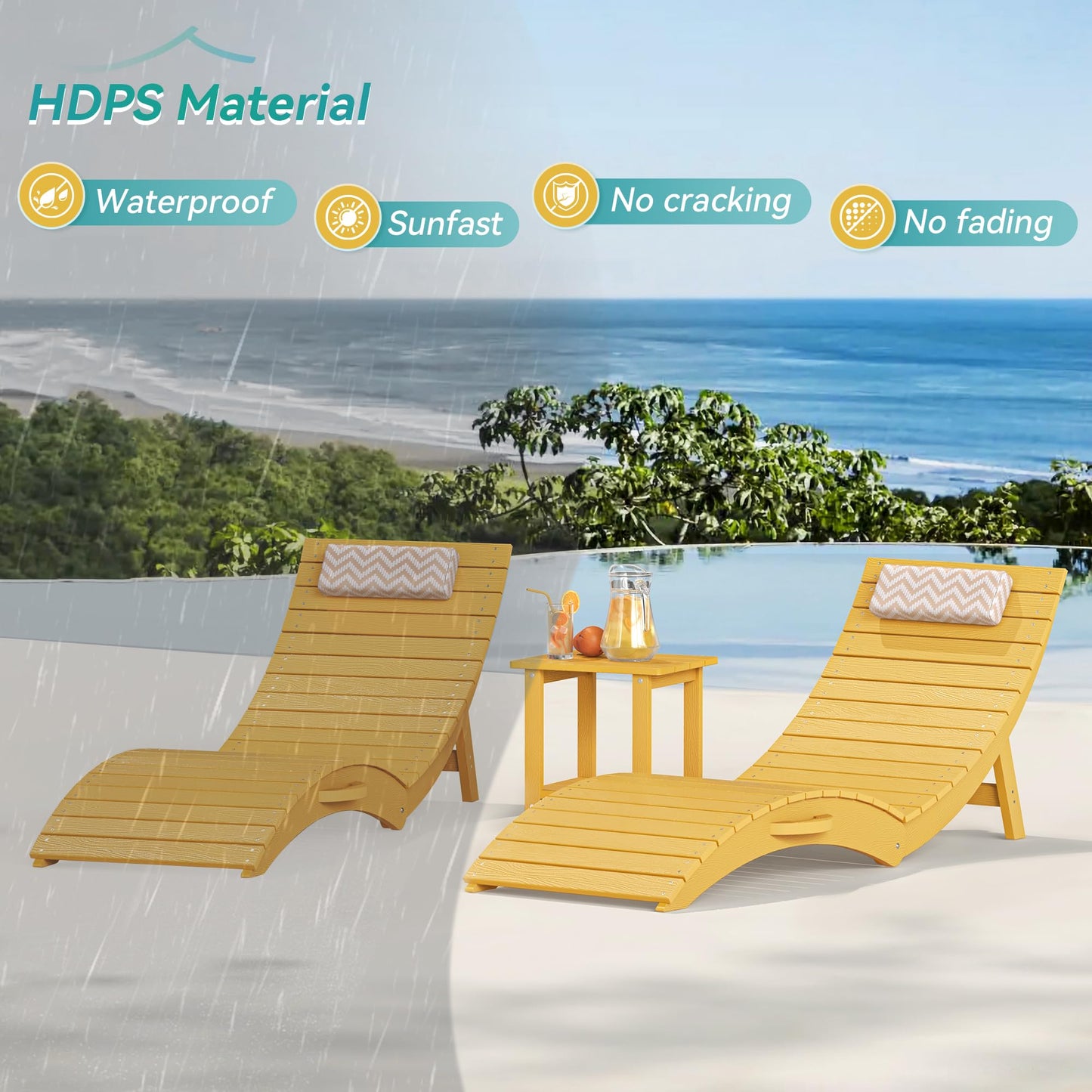 Folding Pool Lounge Chairs Set of 2, HDPS Anti-Floating Lounge Chairs for in-Pool Use, Chairs with Headrest for Hotel, Resort, Poolside, Beach & Sun Decks, Yellow