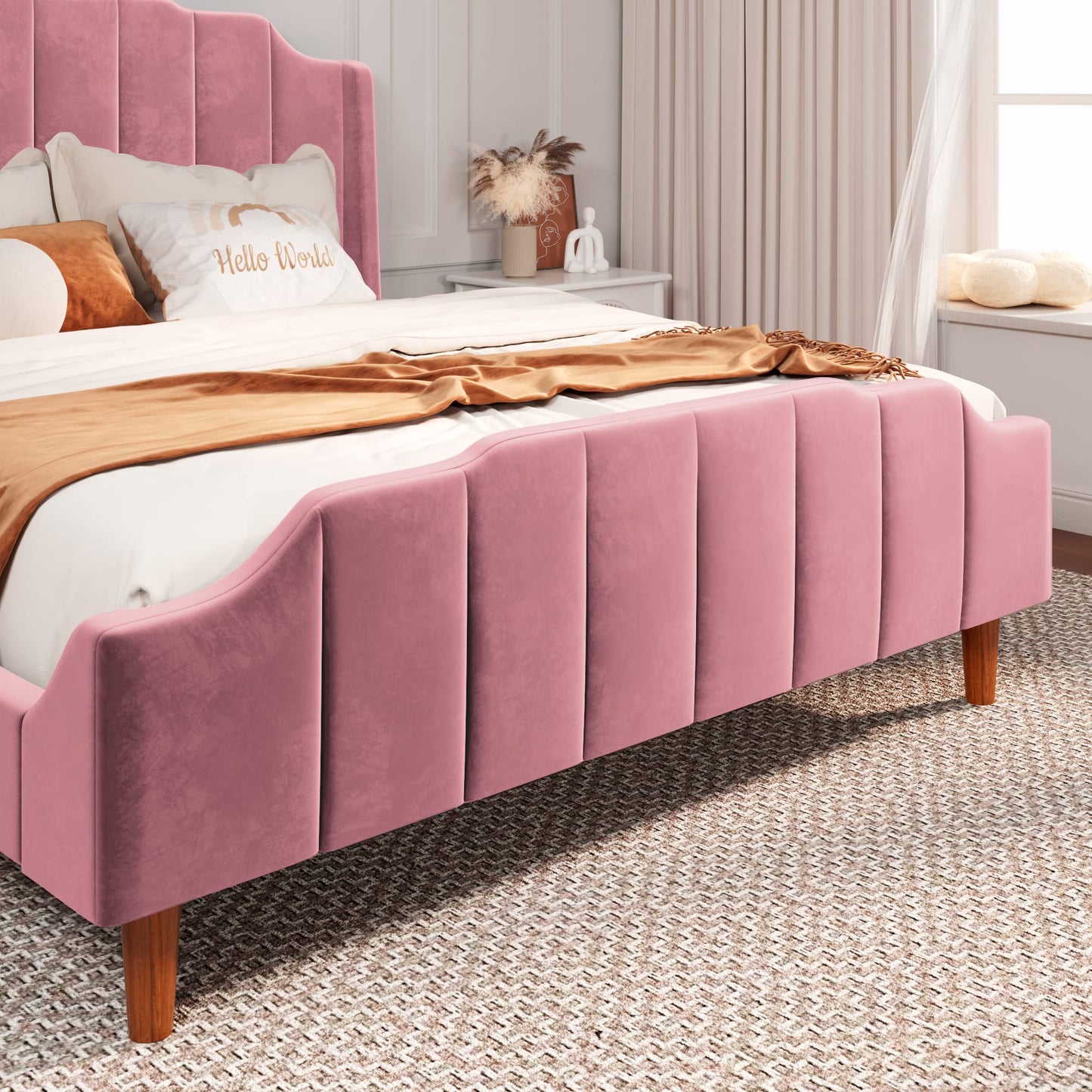 Allewie Queen Size Velvet Bed Frame Upholstered Platform Bed with Vertical Headboard and Footboard, Solid Wood Leg and Strong Slats Support, No Box Spring Needed, Easy Assembly, Blue
