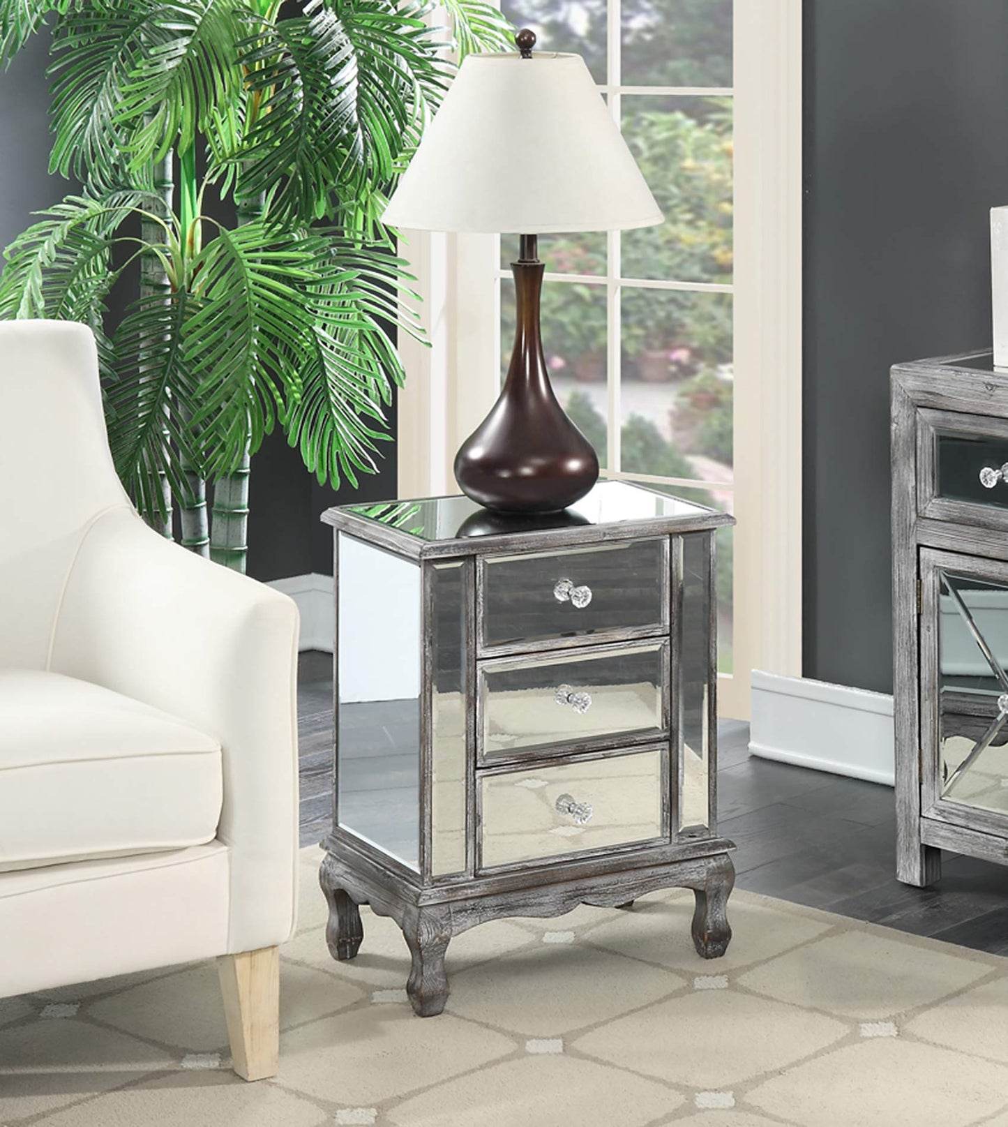 Convenience Concepts Gold Coast Vineyard Mirrored End Table 19" - Living Room Table with 3 Drawers for Storage, Nightstand Side Table, Weathered White/Mirror