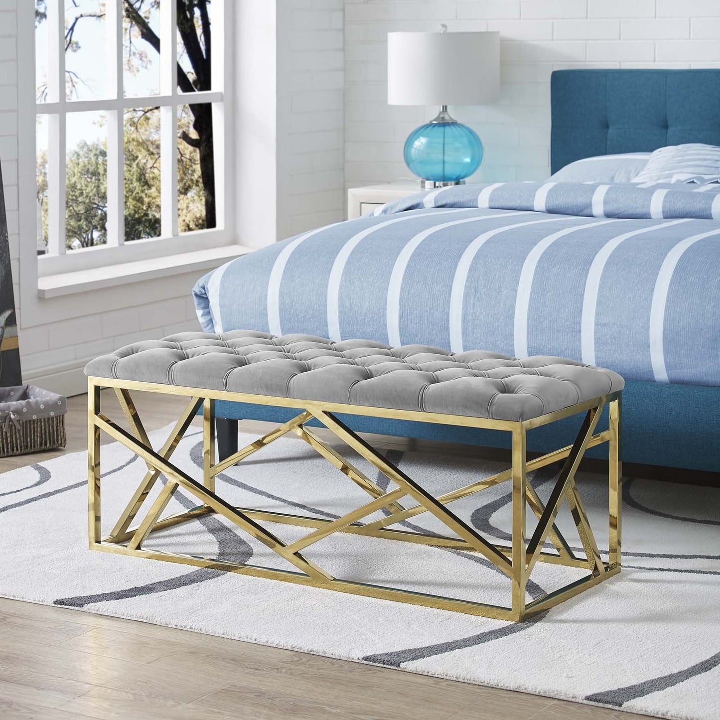 Modway intersperse Button-Tufted Contemporary Modern with Metallic Frame, Bench, Silver Gray