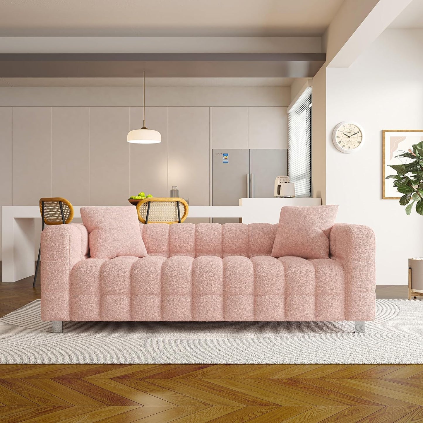 87.4" Modern 3 Seater Boucle Sofa Couch for Living Room, Mid Century Fluffy Couches with Solid Wood Frame and 6 Legs for Bedroom, Apartment, Weight Capacity 750 LBS (White)