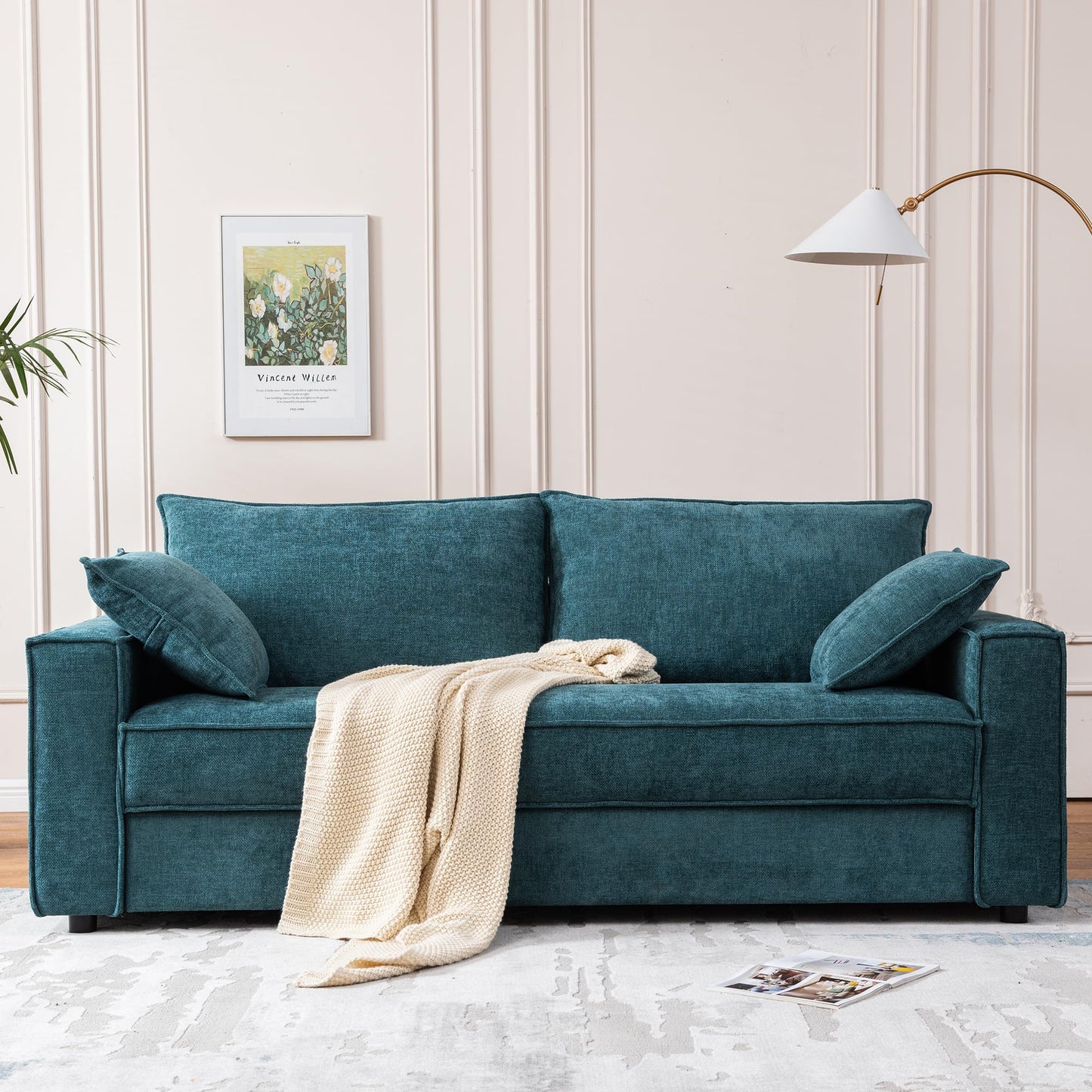 PINJU Three Person Sofa with Wide Upholstered Chaise Lounge Sofa, Linen Fabric, Easy to Assemble, No Noise (Turquoise)