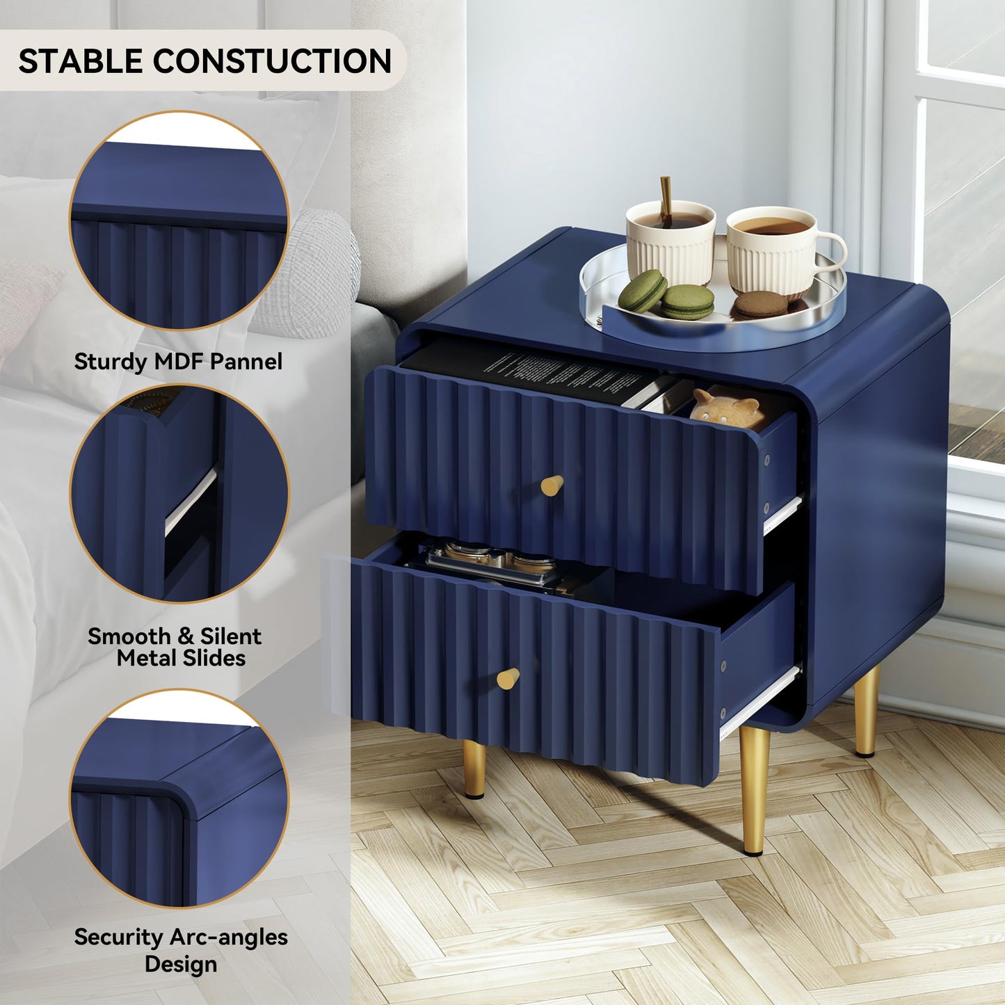 HLR Modern Nightstand Set of 2, Fluted Bed Side Table with 2 Drawers Storage, Wood End Table with Gold Metal Handle, White Night Stands for Bedroom
