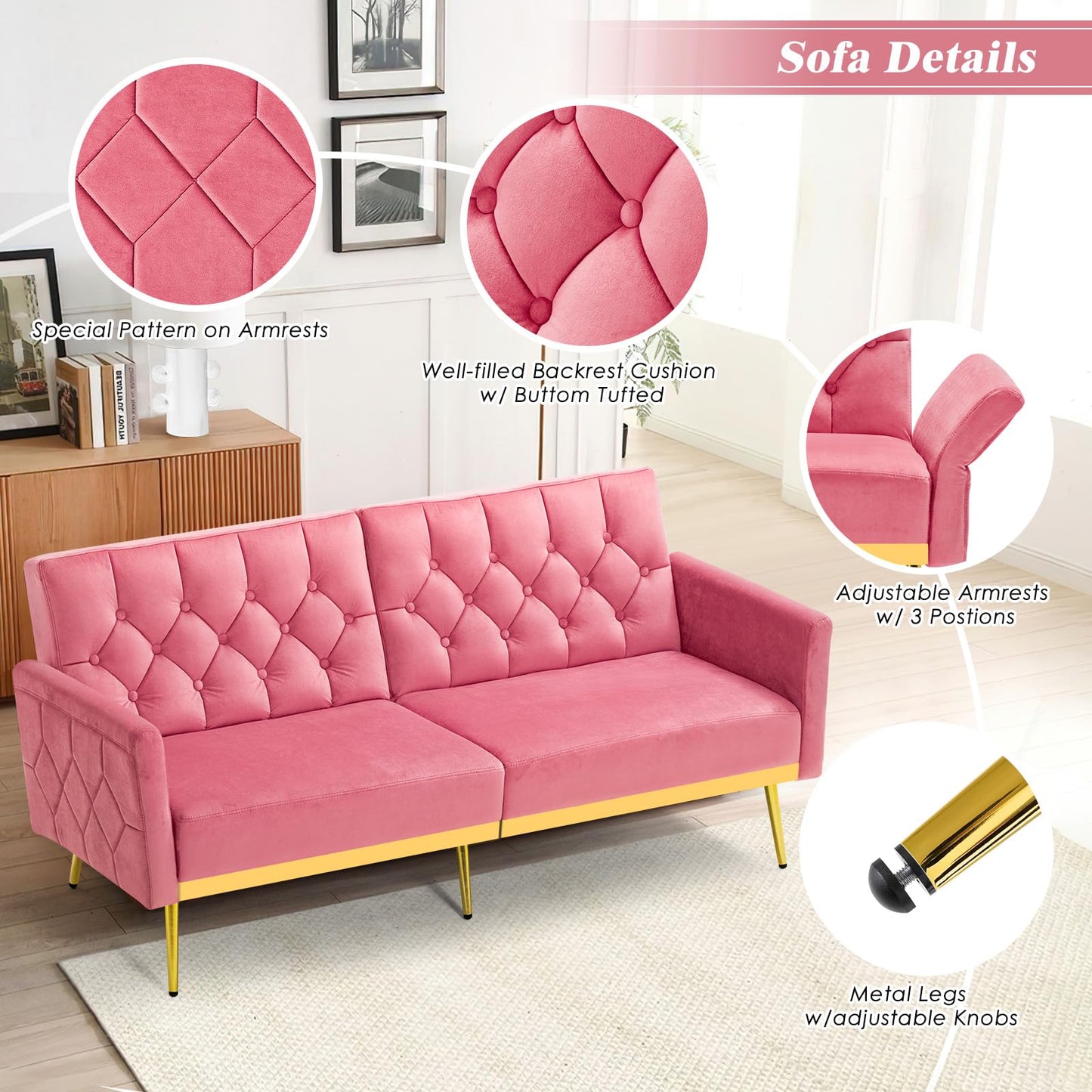 Velvet Sofa Bed w/Adjustable Armrests and Backrests, Modern Convertible Sleeper Sofa, Tufted Futon Sofa for Bedroom, Living Room, Apartment, Orange