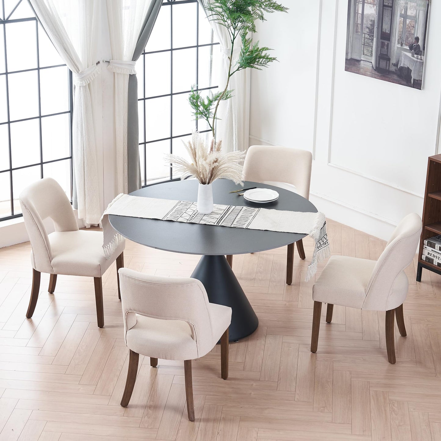 VKNOW Wooden Dining Chairs Set of 2, Modern Fabric Upholstered Dining Room Chair Kitchen Chairs, Farmhouse Dinner Chair for Kitchen Dining Room, Beige-Black Legs