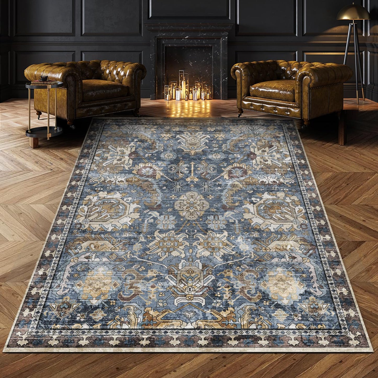 Washable Area Rugs - Perfect for Living Room, Bedroom, Kids Room, Nursery - Stain & Water Resistant Non-Slip, Pet & Child Friendly, Vintage Tribal Area Rugs (Navy, 9' x 12')