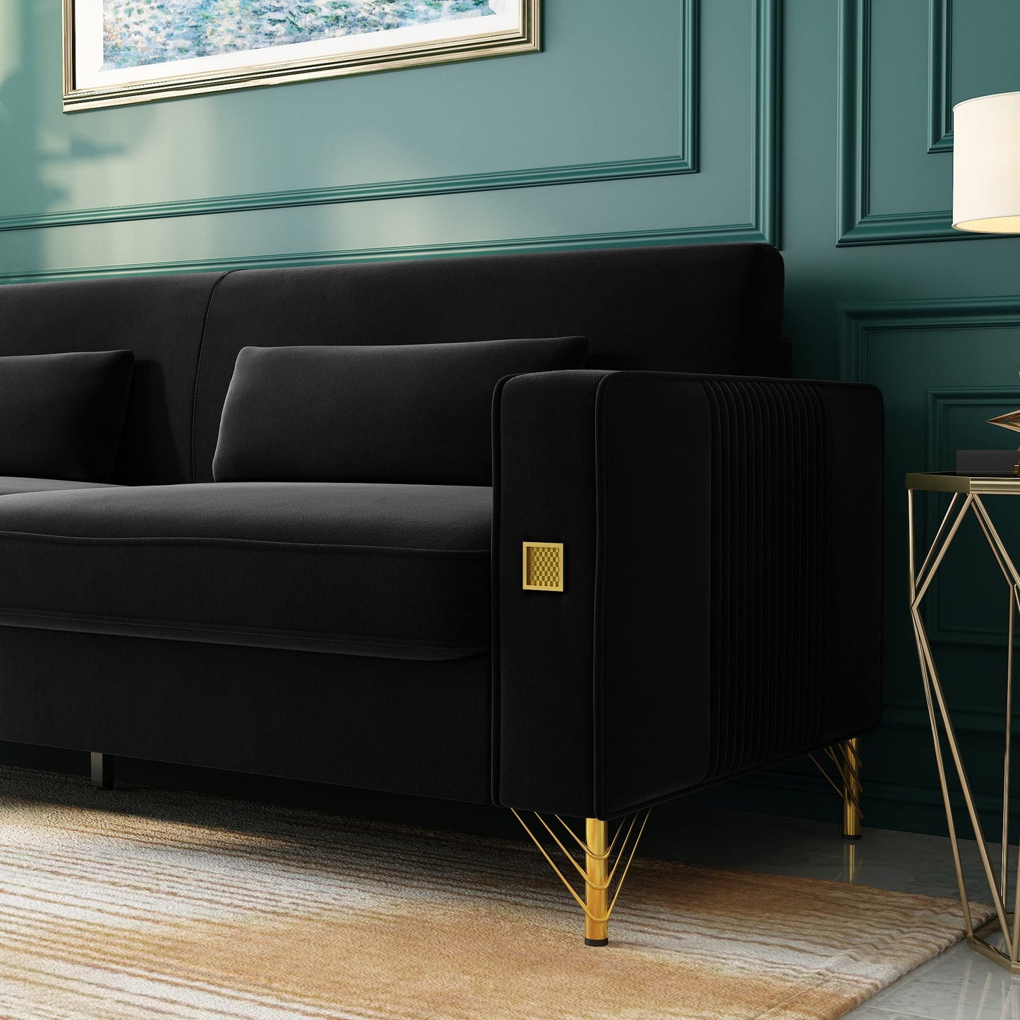 85.63" Velvet Sofa,Modern Loveseat Couch with Pillows Set of 2 for Living Room,Bedroom,Apartment Furniture with Gold Metal Legs (Green)